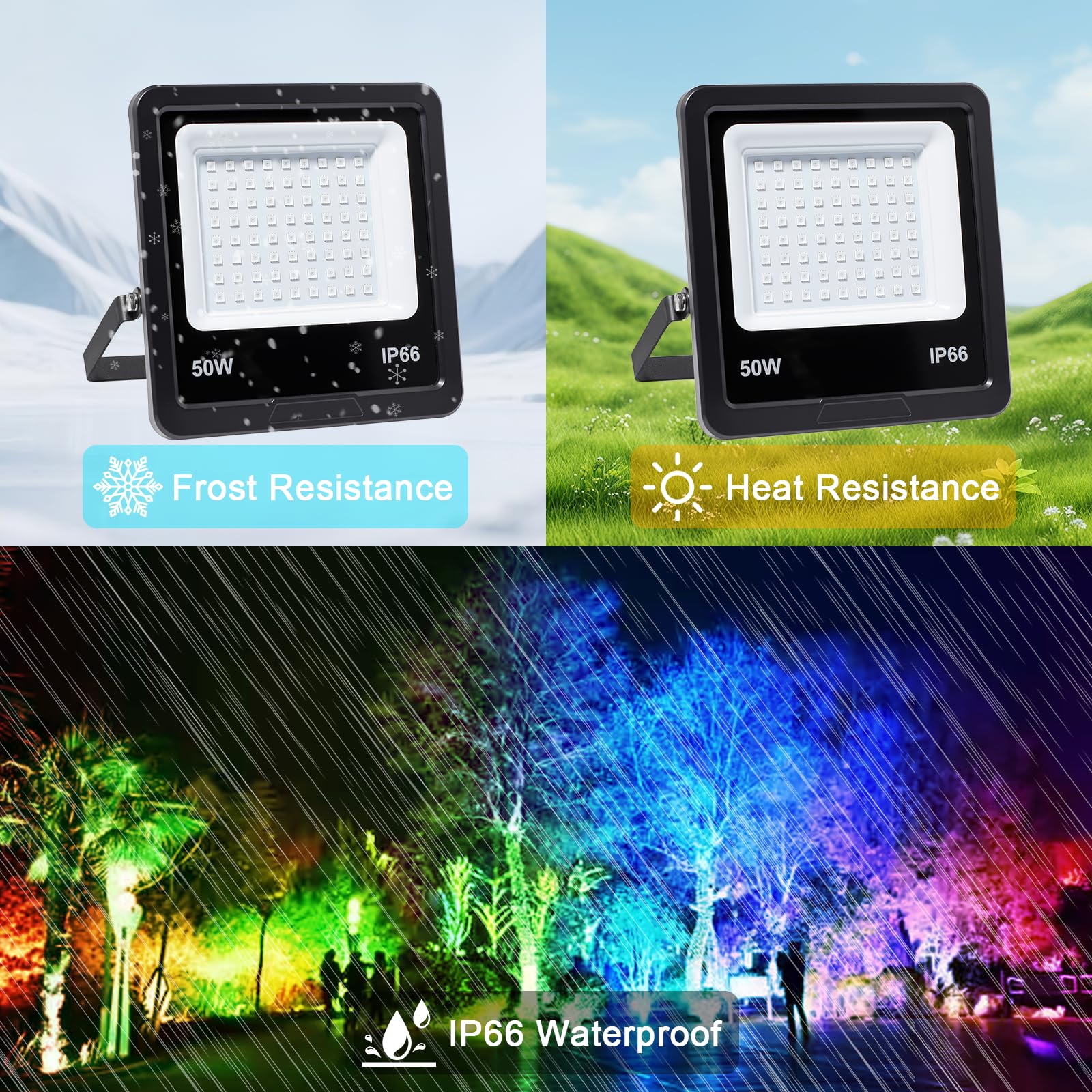 Outdoor RGB LED Spotlight 50 W, Faretto Led Rgb, IP66 Waterproof Dimmable Projector with Bluetooth App and 2.4 G Remote Control for Garden, Party, Halloween（2PC)