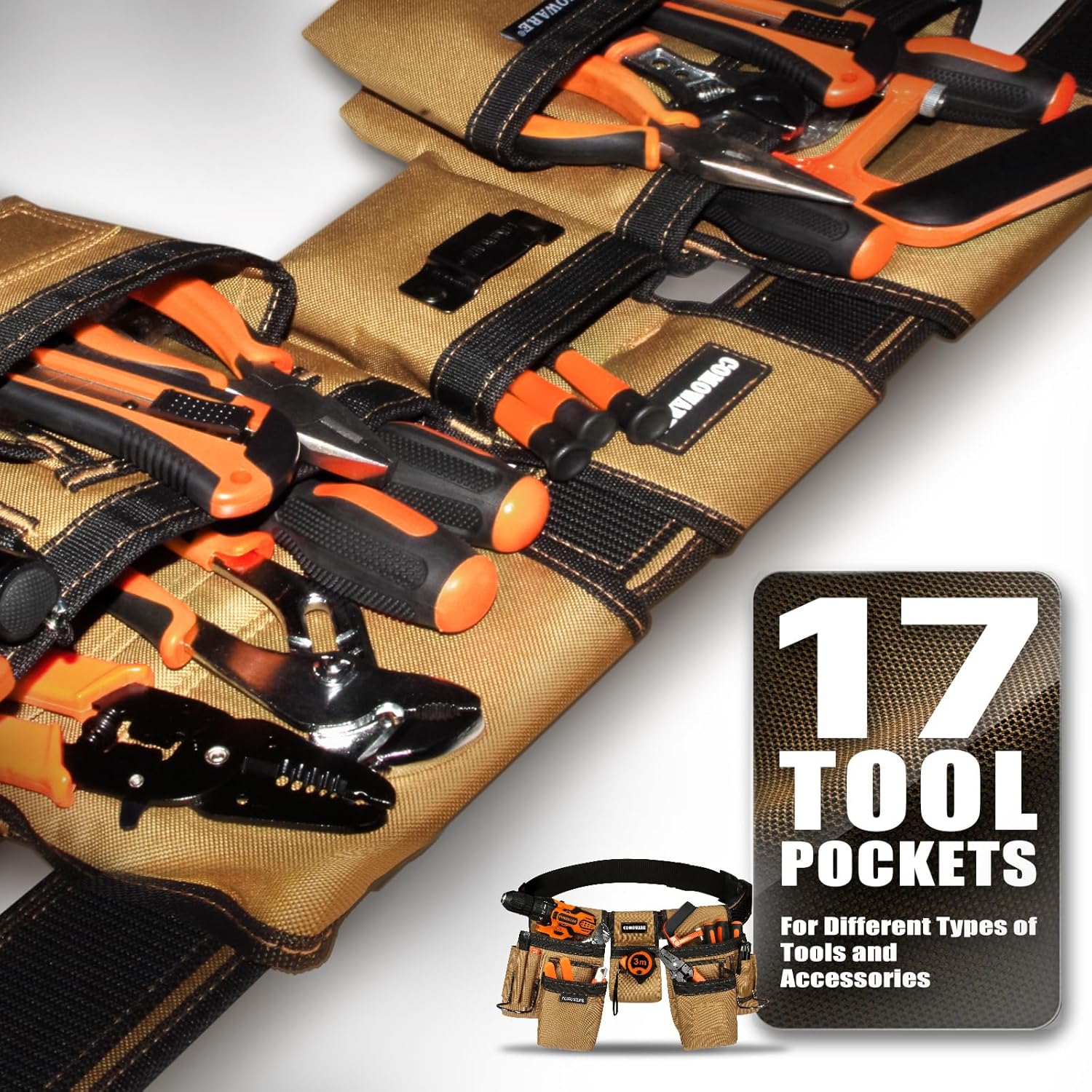 COMOWARE Tool Belt for Electricians & Construction Workers, Adjustable Heavy Duty Work Belt with Magnetic Zone, 17-Pocket Detachable System, Padded 600D Polyester Tool Belt for Men, Coffee Brown