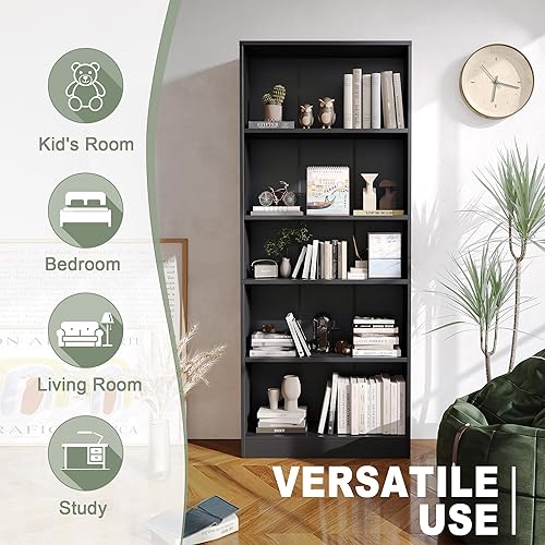 Miniatura 3 de VICLLAX Estantería de madera con 5 estantes, estantería de capas ajustables, estante alto de almacenamiento para sala de estar, dormitorio,