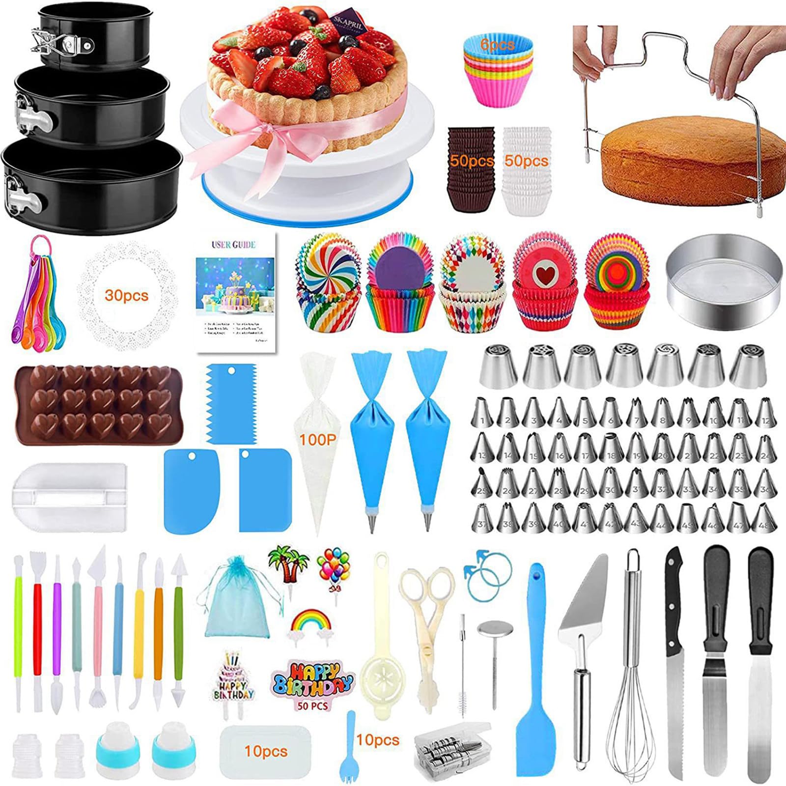 QSWLHLYY Cake Decorating Kit with Rotating Turntable, Non-Stick Cake Pans, Piping Tips, Spatulas, Scrapers & Silicone Cupcake Liners - Complete Baking Supplies for Beginners & Home Bakers 507PCS