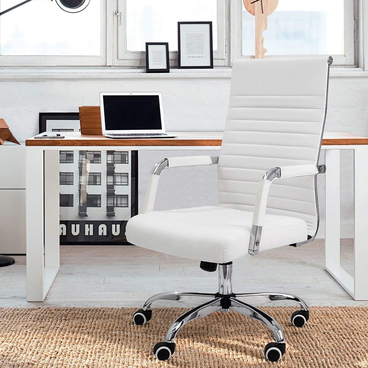 KaiMeng Ribbed Office Desk Mid Back Computer Chair Height Adjustable Conference Executive Task Swivel PU Leather (White)