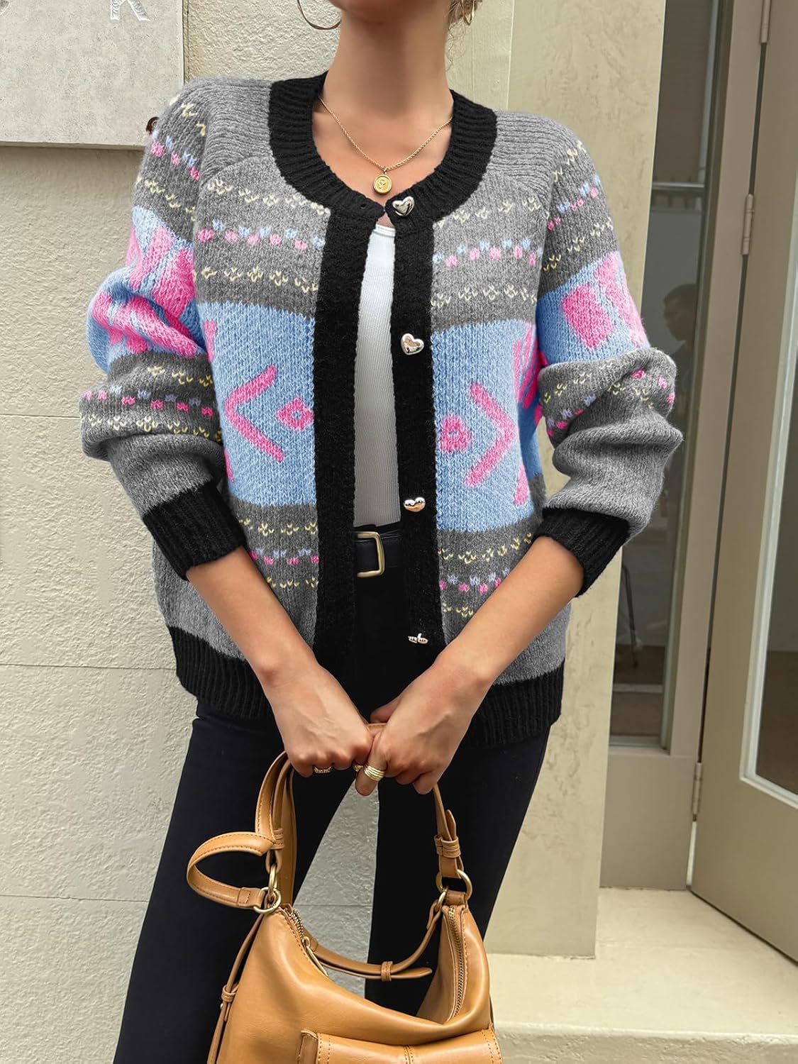 Saodimallsu Womens Button Up Cardigan Sweaters Crew Neck Vintage Fair Isle Long Sleeve Warm Knit Christmas Sweater Coats - Image 2