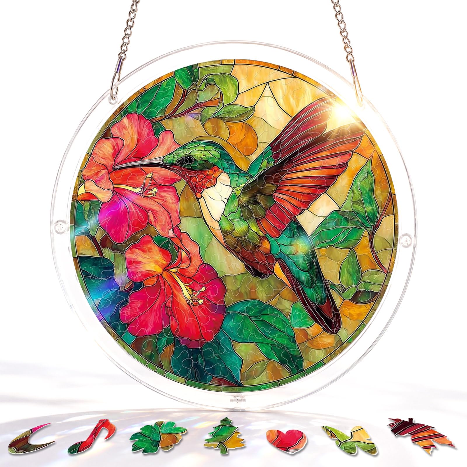 KKHH Custom Acrylic Puzzle Suncatcher 83 Pieces, DIY Sun Catchers Puzzle Window Hanging Kit, Stained Glass Style Art Decor for Home Garden Living Room, Gift for Women Men (Emerald Flame Hummingbird)