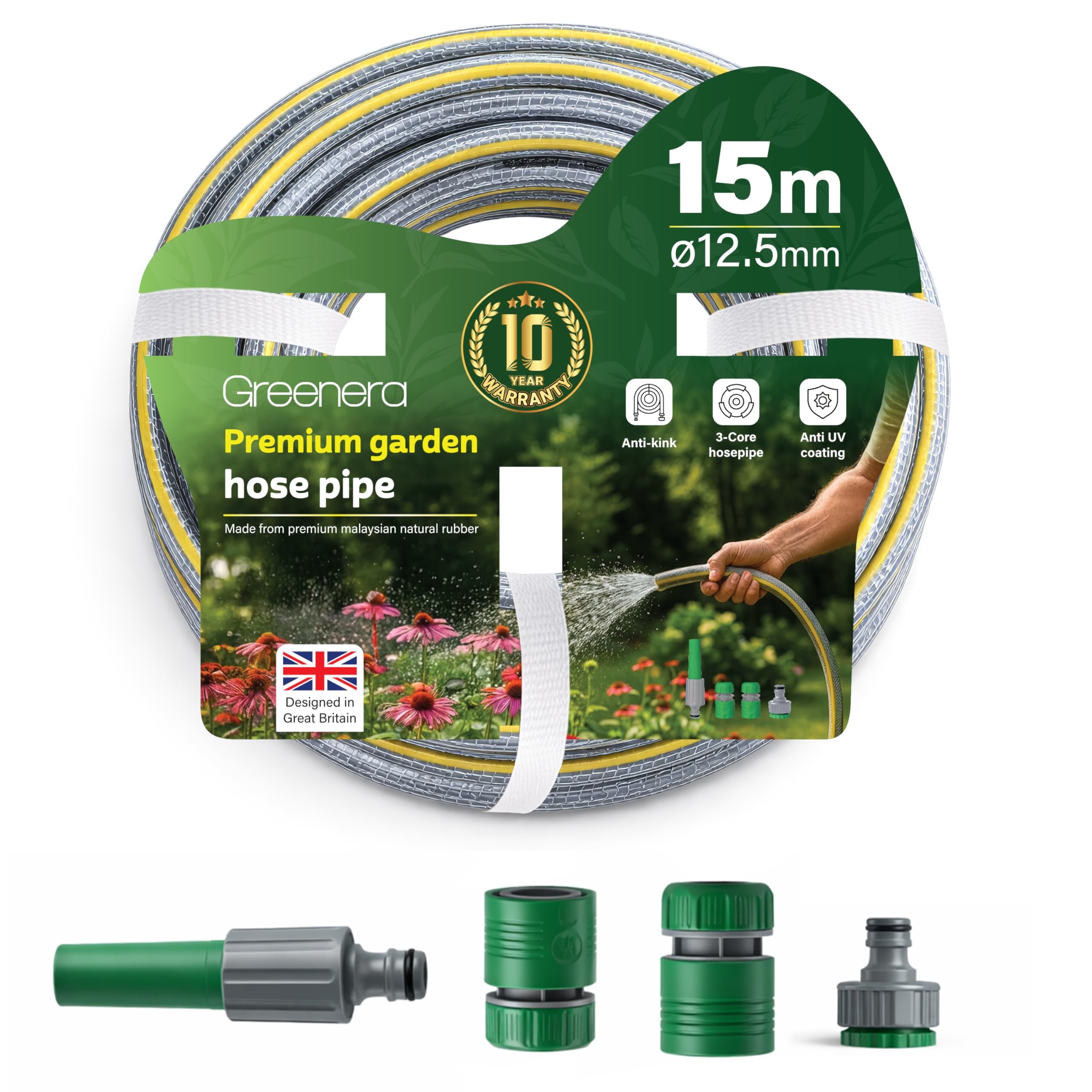 Garden Hose Pipe, 12.5mm x 15m Starter Set, Including 2 in 1 Faucet Tap Adapter, Hose End Quick Connector and Sprayer, Re-Enforced PVC Layering, Hard-Wearing Hosepipe for Outdoor Garden Car Washing - 2