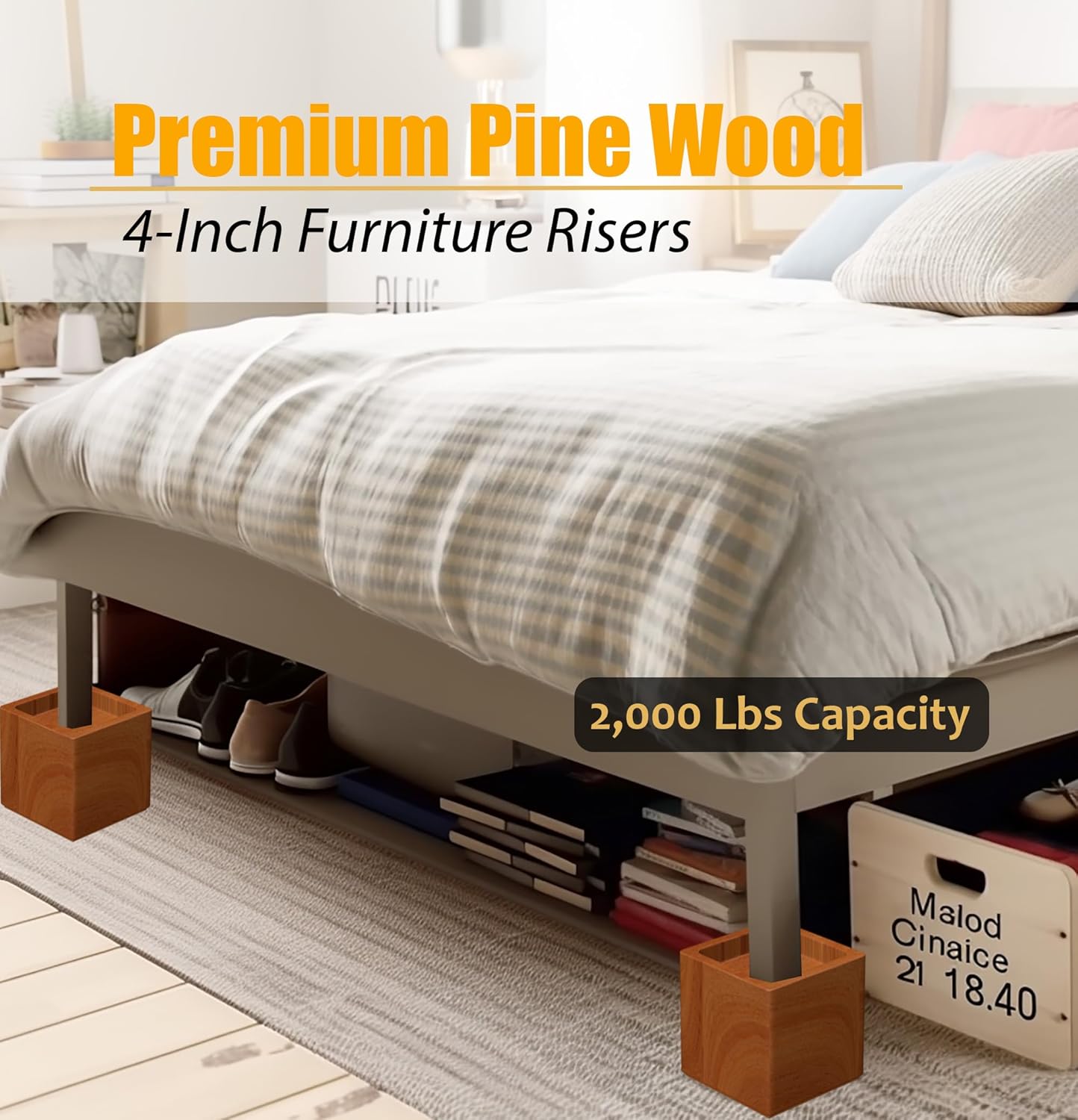 Premium Solid Pine Wood Bed Furniture Risers – 4-Inch Heavy-Duty Elevation for Beds, Sofas, and More | 1000 Lbs Capacity | Floor Protection (Single Height: 4")