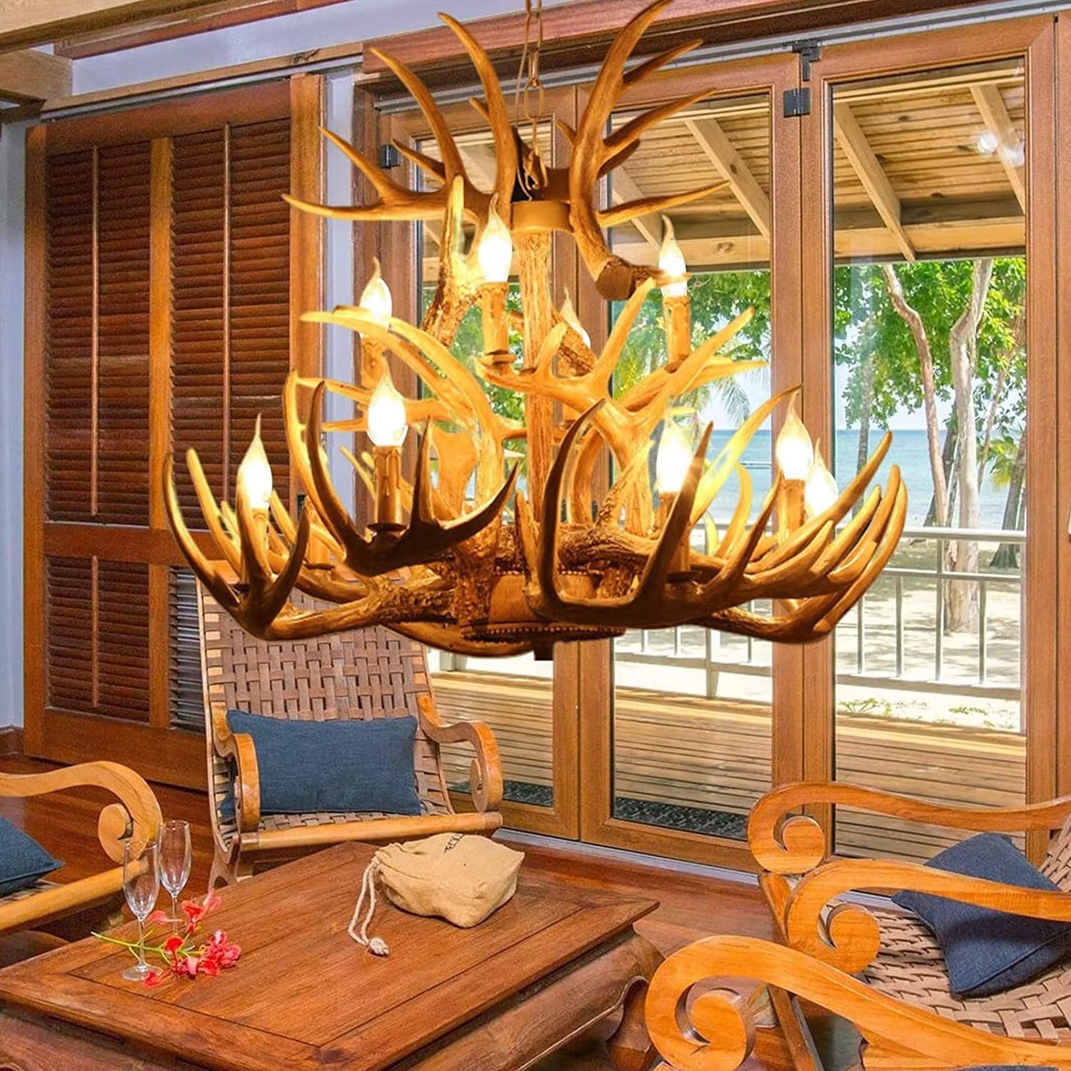 HELCEKOU Stag Antler Chandelier 12 Lamps + 3 Heads for Home, bar, Cafe, Store, Vintage stag lamp (12 Wooden Antlers)