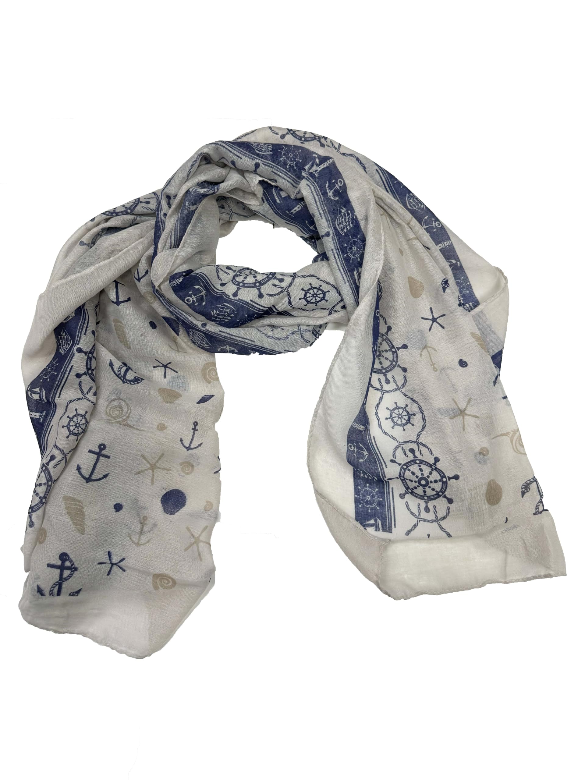 Zac's Alter Ego Women's Stone Nautical Anchor And Wheel Print Scarf, Lightweight Fashion Scarf, Navy Blue And White Maritime Design
