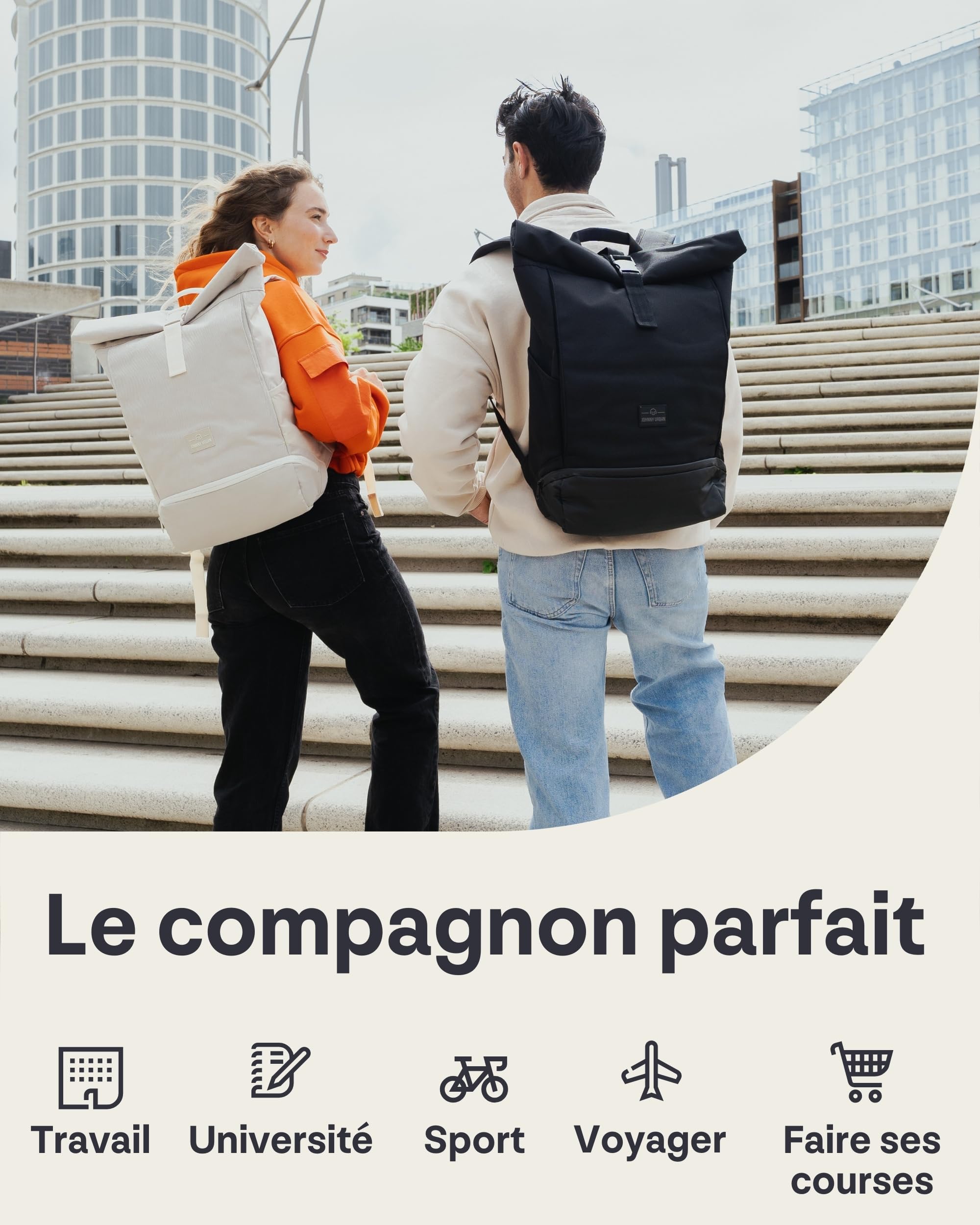 Johnny Urban Sac à Dos Roll Top Femmes & Hommes - Allen Large - Backpack antivol pour Voyage, Sport & Université - Compartiment pour Ordinateur Portable 16 pouces - Hydrofuge
