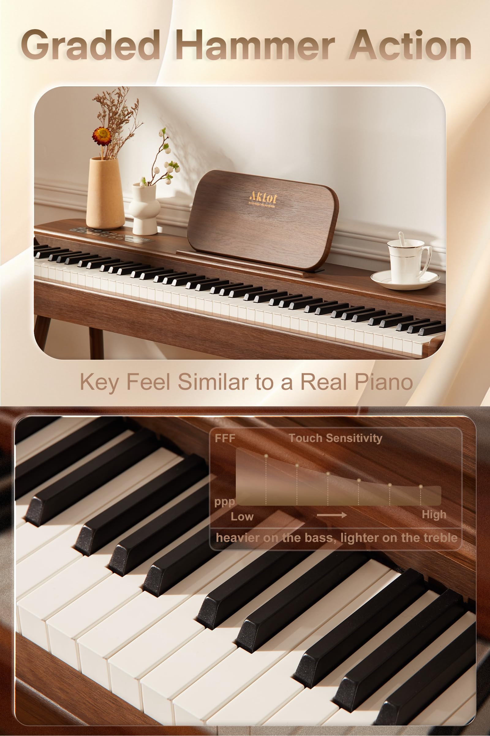 AKLOT Touchscreen Weighted Keyboard Piano: 88-Key Graded Hammer Action Digital Piano, Handcrafted Round-Edged Design, Triple Pedal, Stand, USB-MIDI, Headphone, Beginner Lesson Book (AUR-LS01 Walnut)