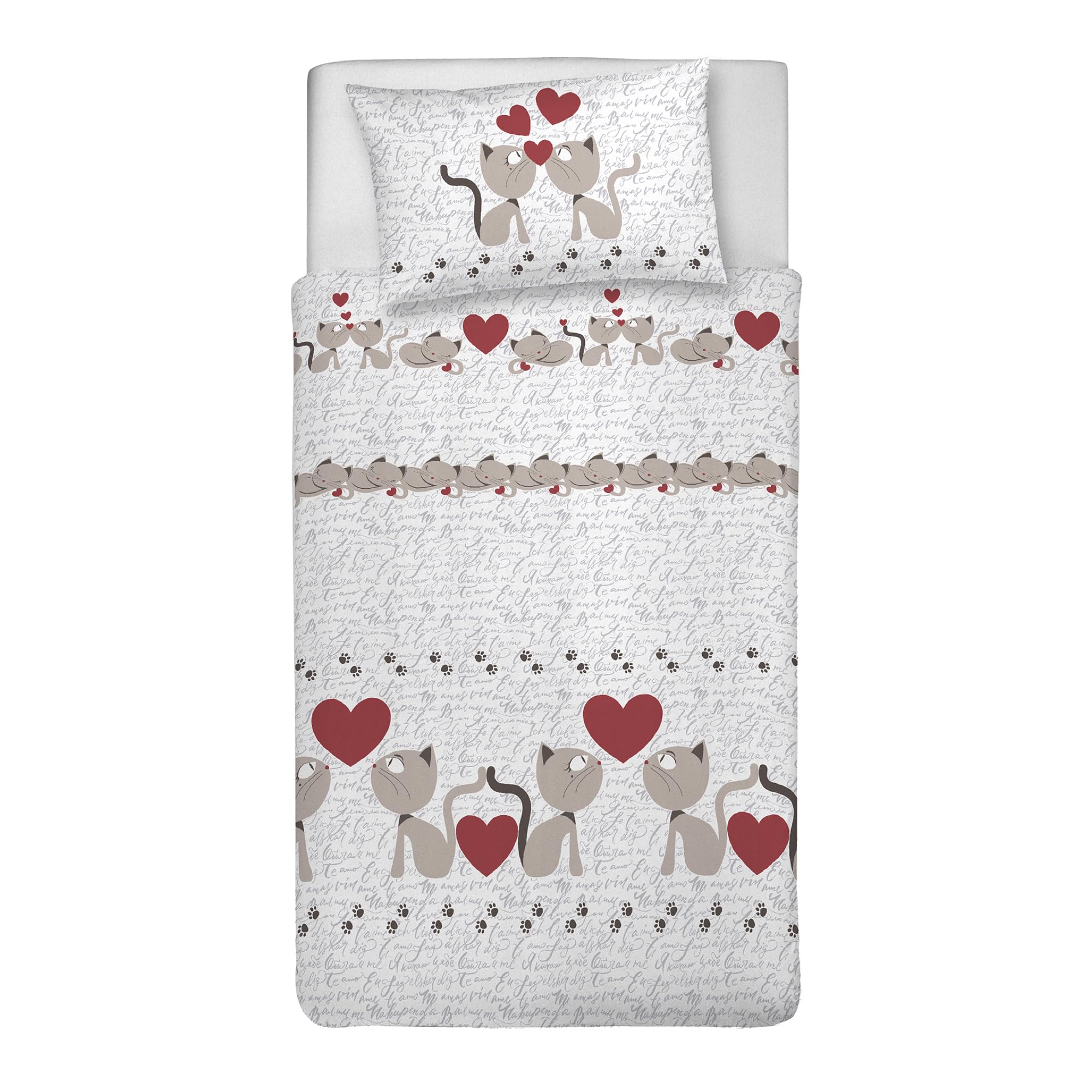 Parure de lit simple 100% coton italien haut de gamme imprimé chatons beige