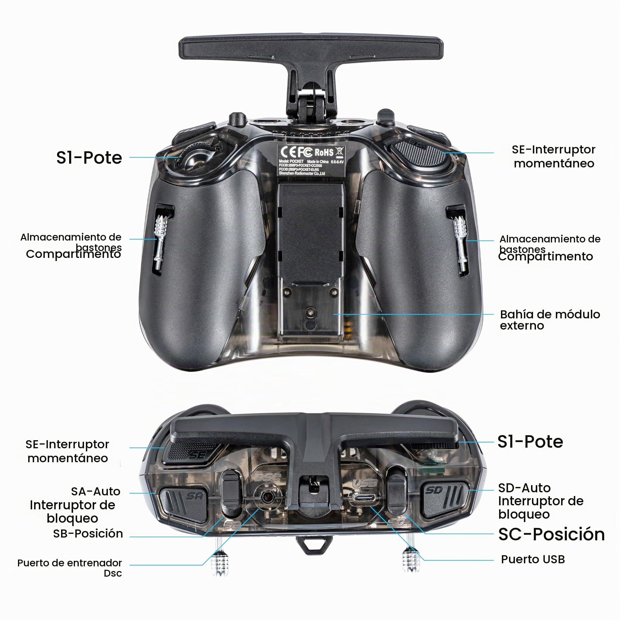 RadioMaster Pocket Controlador ELRS, Mando RC con Gimbal Hall, EdgeTX, LED, Antena Plegable para Dron FPV/Helicóptero/Barco/Multirotor (Batería No Incluida)