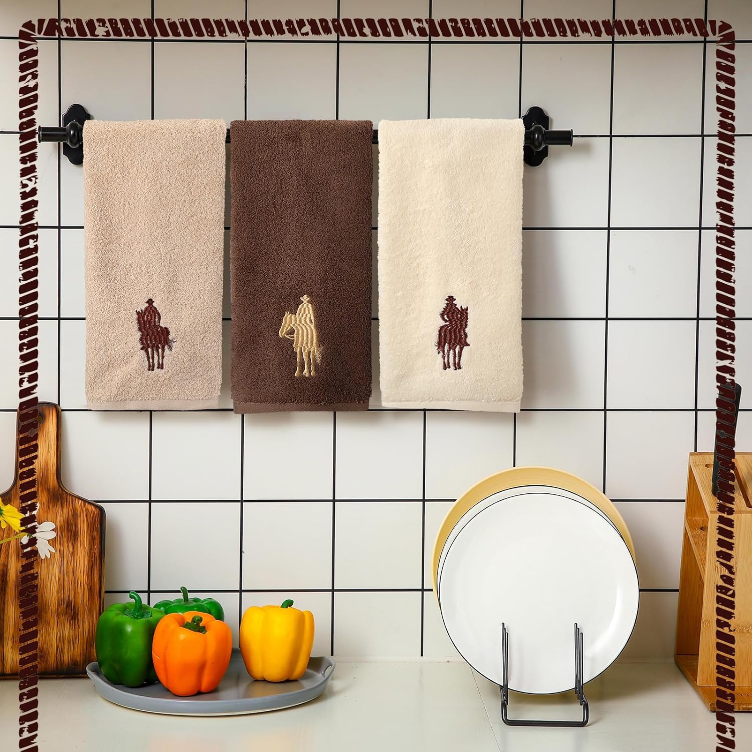 3 Pcs Western Cowboy Hand Towels for Bathroom Cotton Embroidered Rodeo Kitchen Towels 13.3" x 29.5" Rustic Gifts for Bath Shower Farmhouse Decors Housewarming Gift (Brown) - Image 5