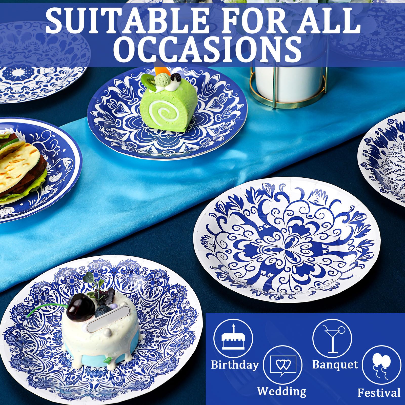 Disposable Party Plates 96-Piece Blue Floral Paper Plate Set ...