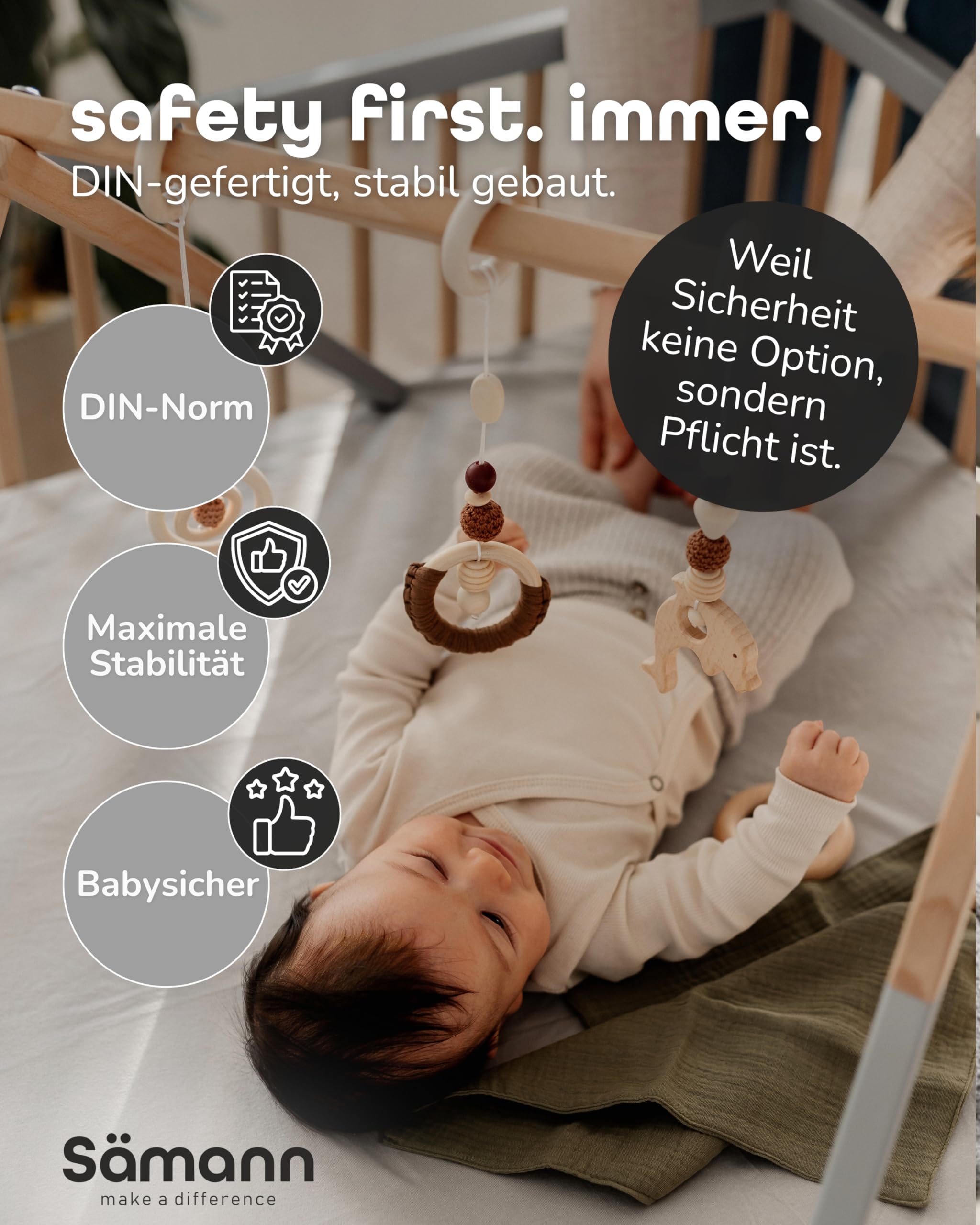 Sämann Laufstall faltbar Baby 100x100 cm mit Cloud Air Matratze | stufenlos höhenverstellbar | Laufgitter Premium | Babybett aus Holz | Krabbelgitter natur