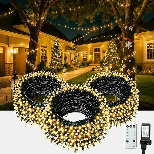 Miniatura 10 de Luces de Navidad blancas cálidas para exteriores, tira de 250 luces LED de 83 pies con 8 modos, luces de árbol de Navidad para interiores, luces