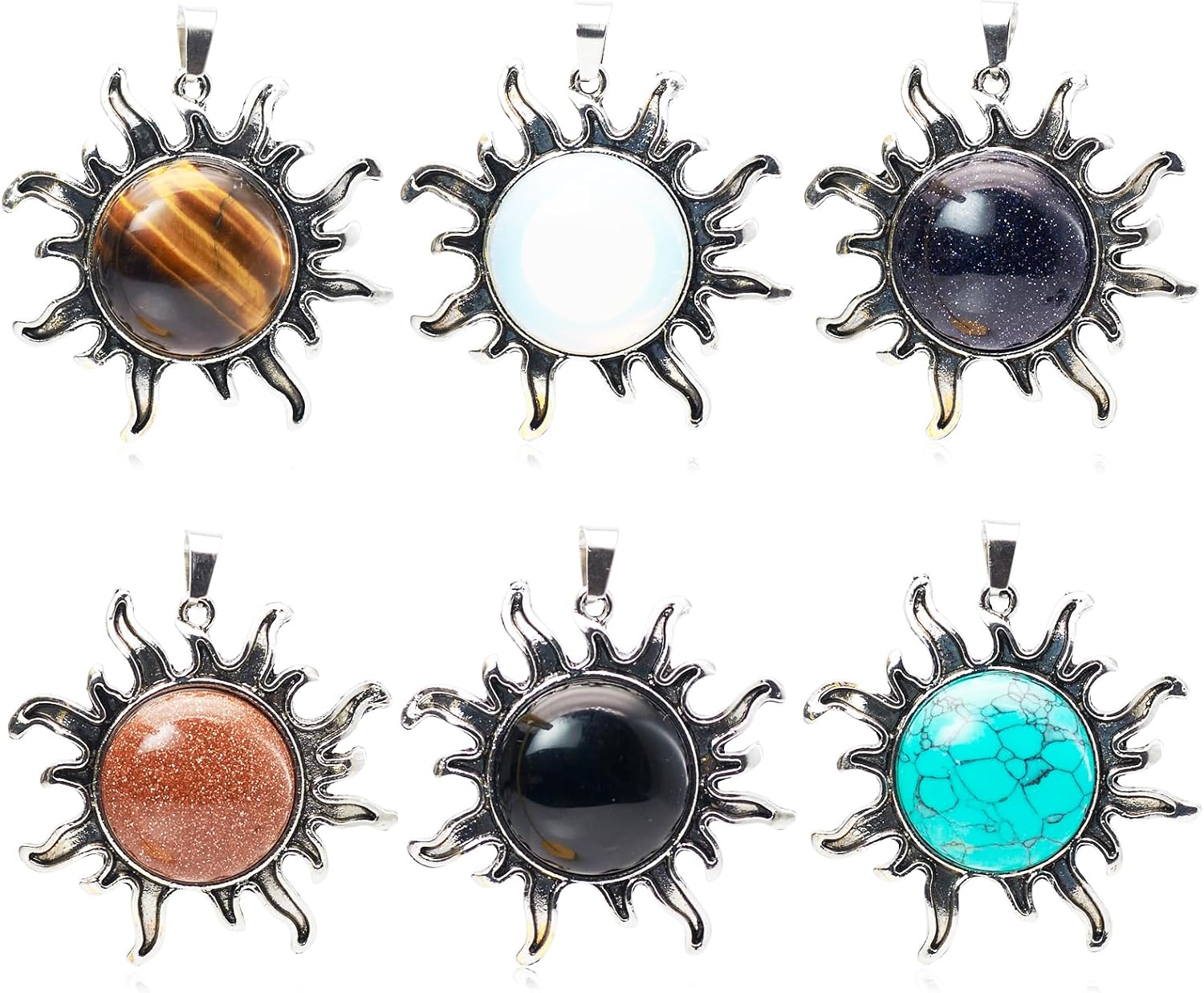 6 Pieces Natural Gemstone Sun Pendant Reiki Energy Healing Crystal for Jewelry Making Necklace Earrings