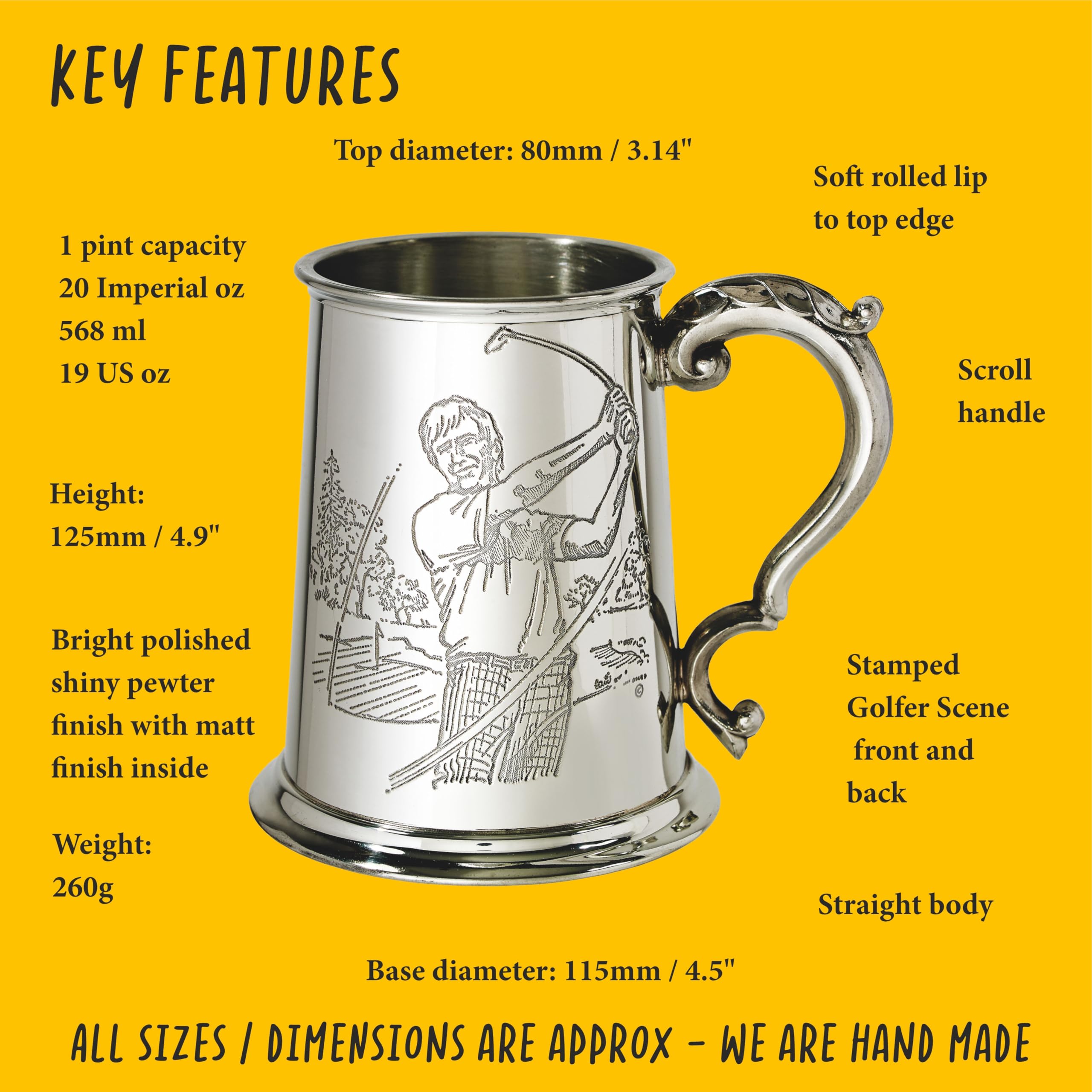 Wentworth Pewter - Chope en étain de 1 pinte de golfeur, scène de golf en relief avec chope à bière