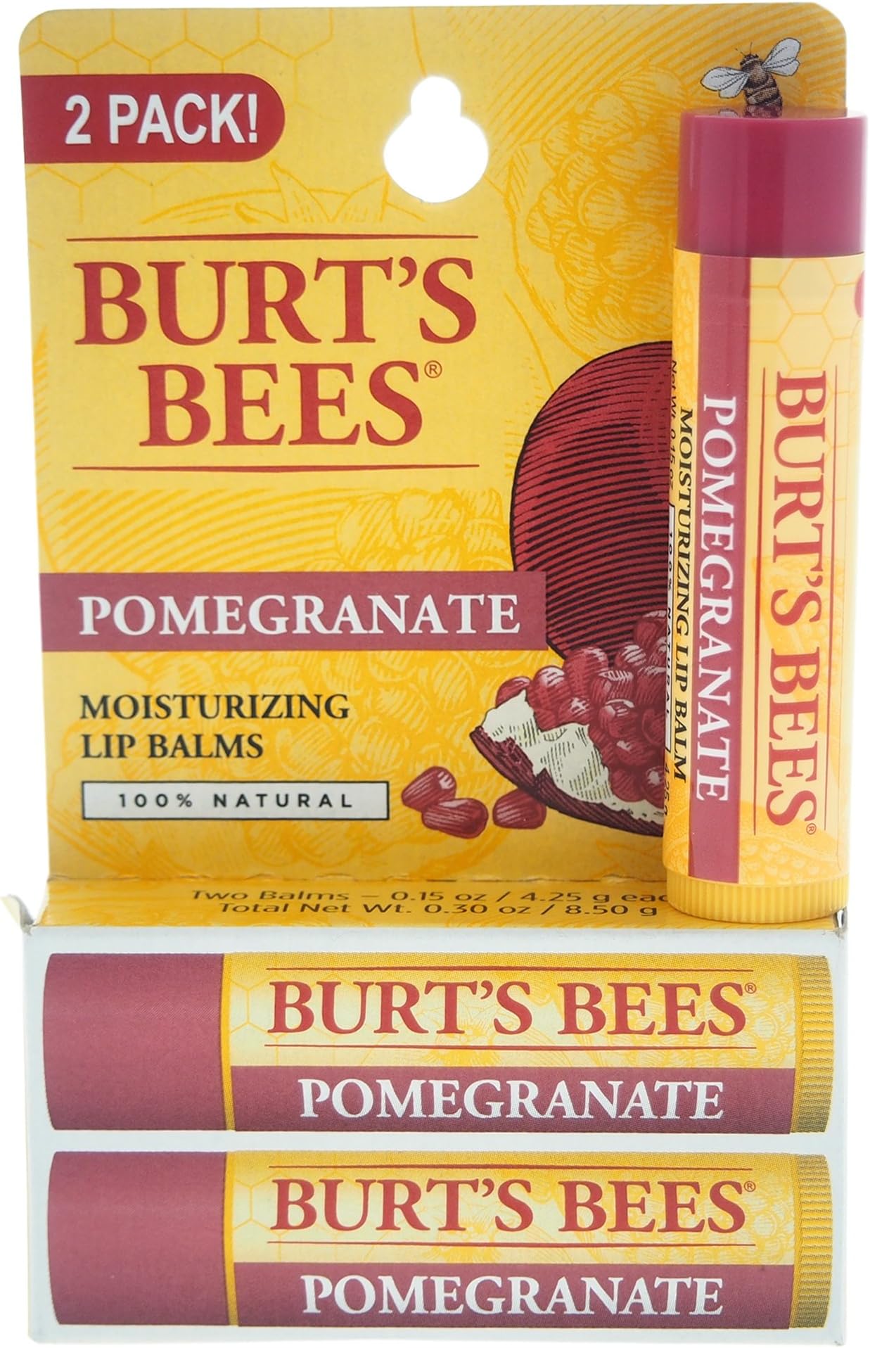 Lip Balm - Pomegranate, Lip Moisturizer With Responsibly Sourced Beeswax, Natural Origin Conditioning Treatment, 2 Tubes, 0.15 oz.