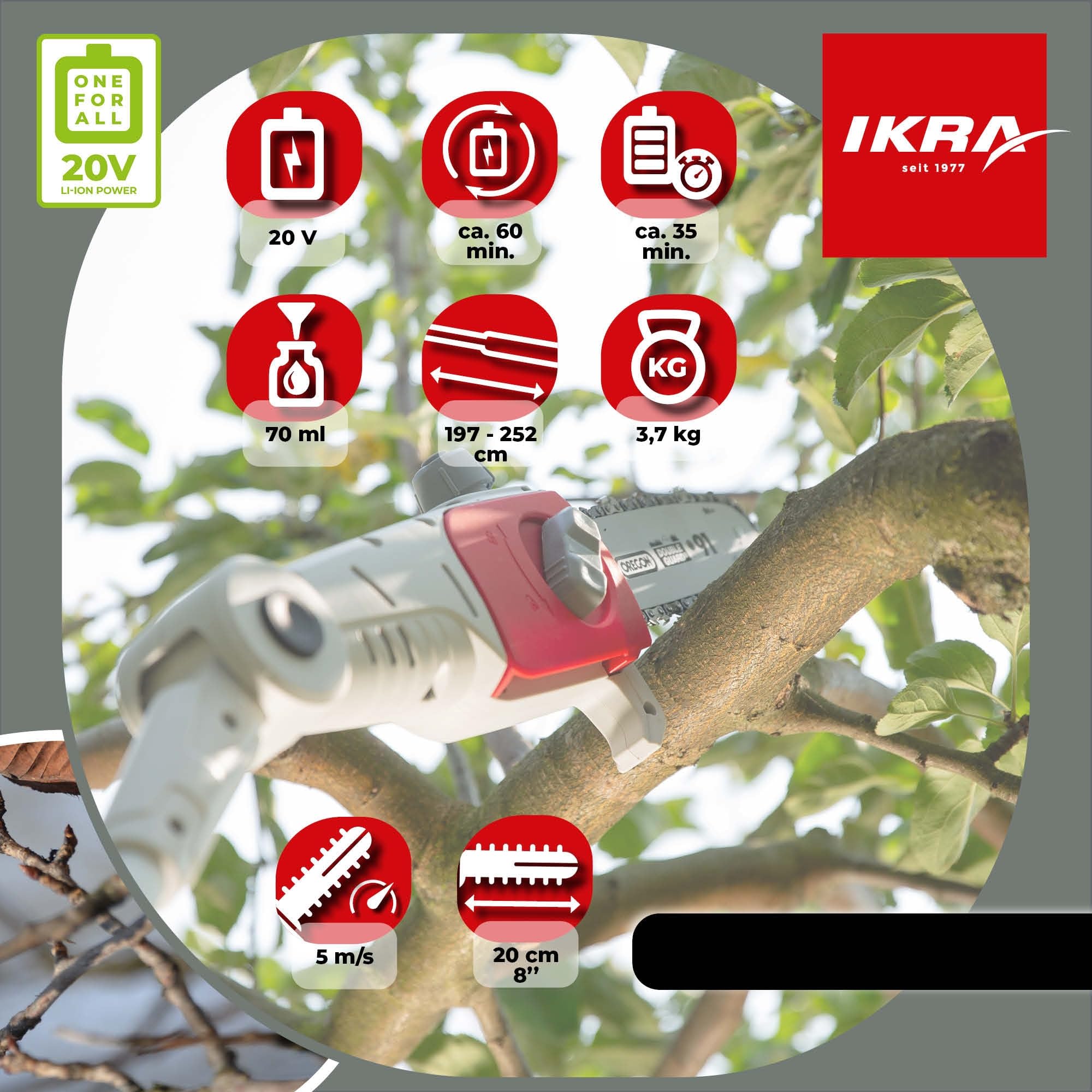 IKRA Teleskop Entaster ICPS 2020, inkl. 2 Akkus & Schnellladegerät | Schwertlänge 20cm, teleskopierbar, Arbeitshöhe 4 Meter, 180° drehbarer Handgriff, Schultergurt, 20V-Akku-Familie von IKRA