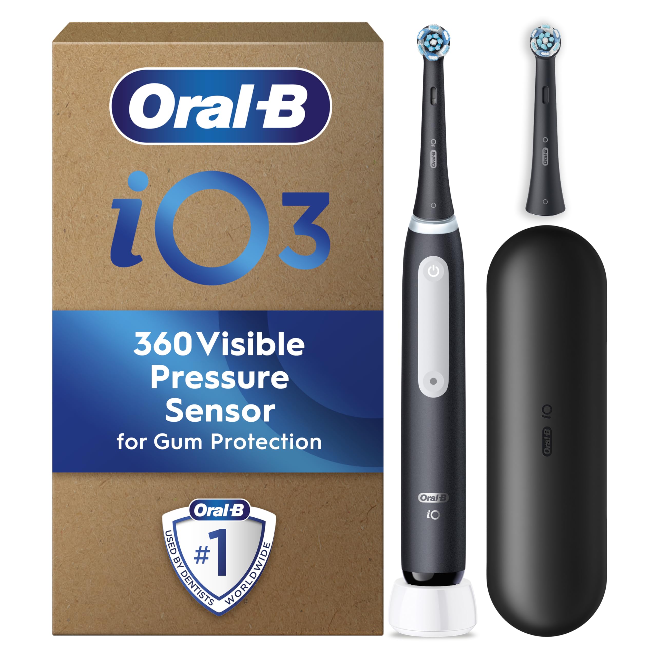 Oral-BiO3 Electric Toothbrush, 2 Toothbrush Heads, Pressure Sensor, Toothbrush for Adults with Travel Case, Gift Ideas for Him/Her, Matt Black, UK 2 pin plug