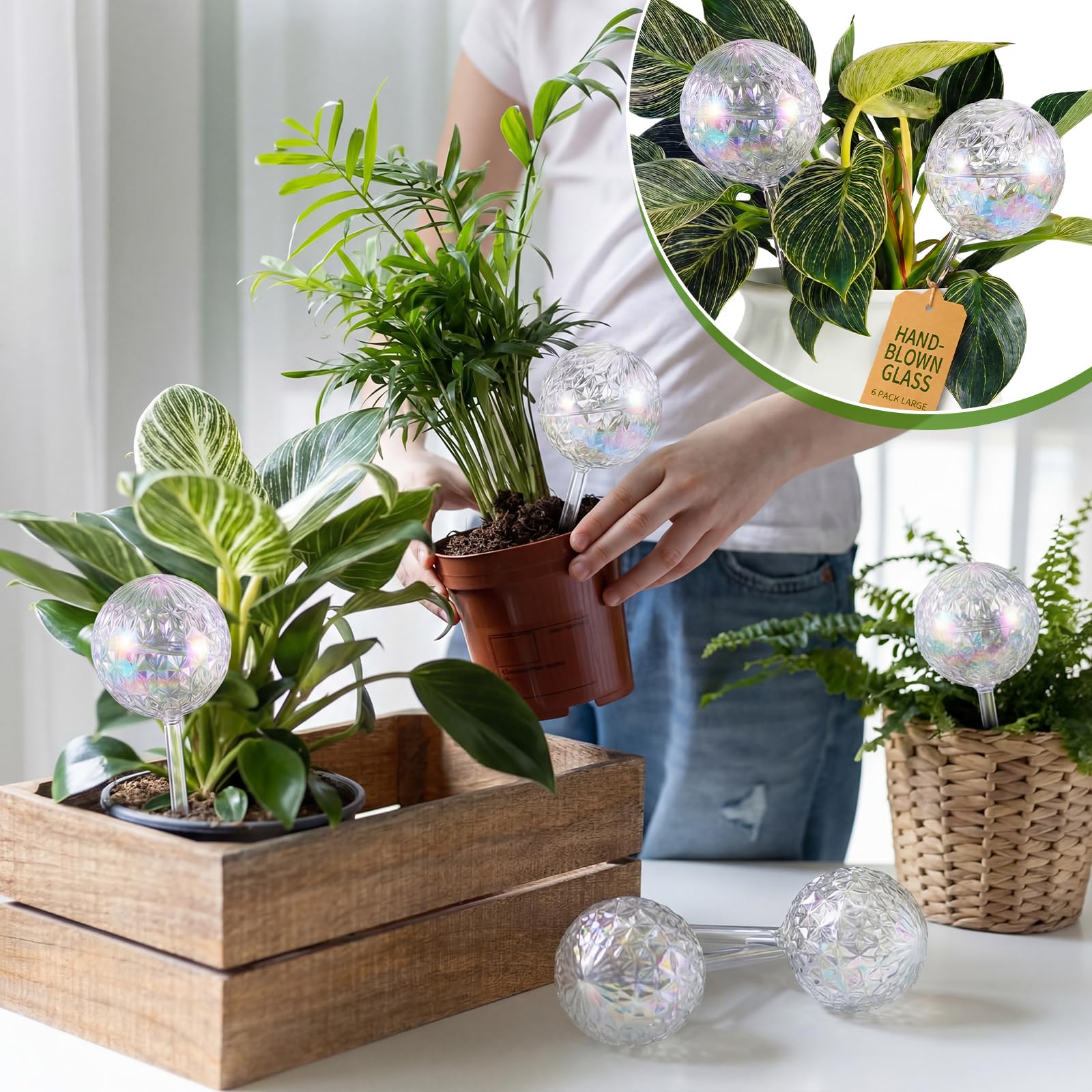 Thenshop Lot de 6 globes d'arrosage de plantes de 481,9 g - 2 semaines - Grand dispositif d'arrosage automatique - Ampoules en verre irisé avec accessoires complets - Irrigation goutte à goutte