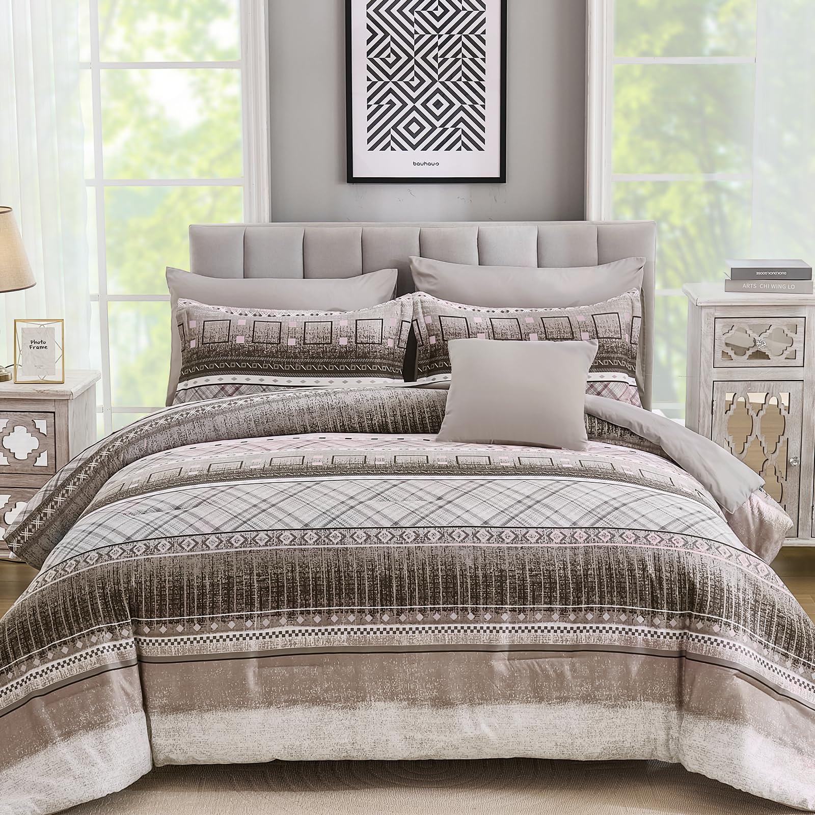 Photo 1 of WONGS BEDDING Queen Size Comforter Set 8 Piece, Texture Striped Bed in a Bag Brown Comforter and Sheet Set, Boho Lightweight Microfiber Bedding Set for All Season (90"×90")