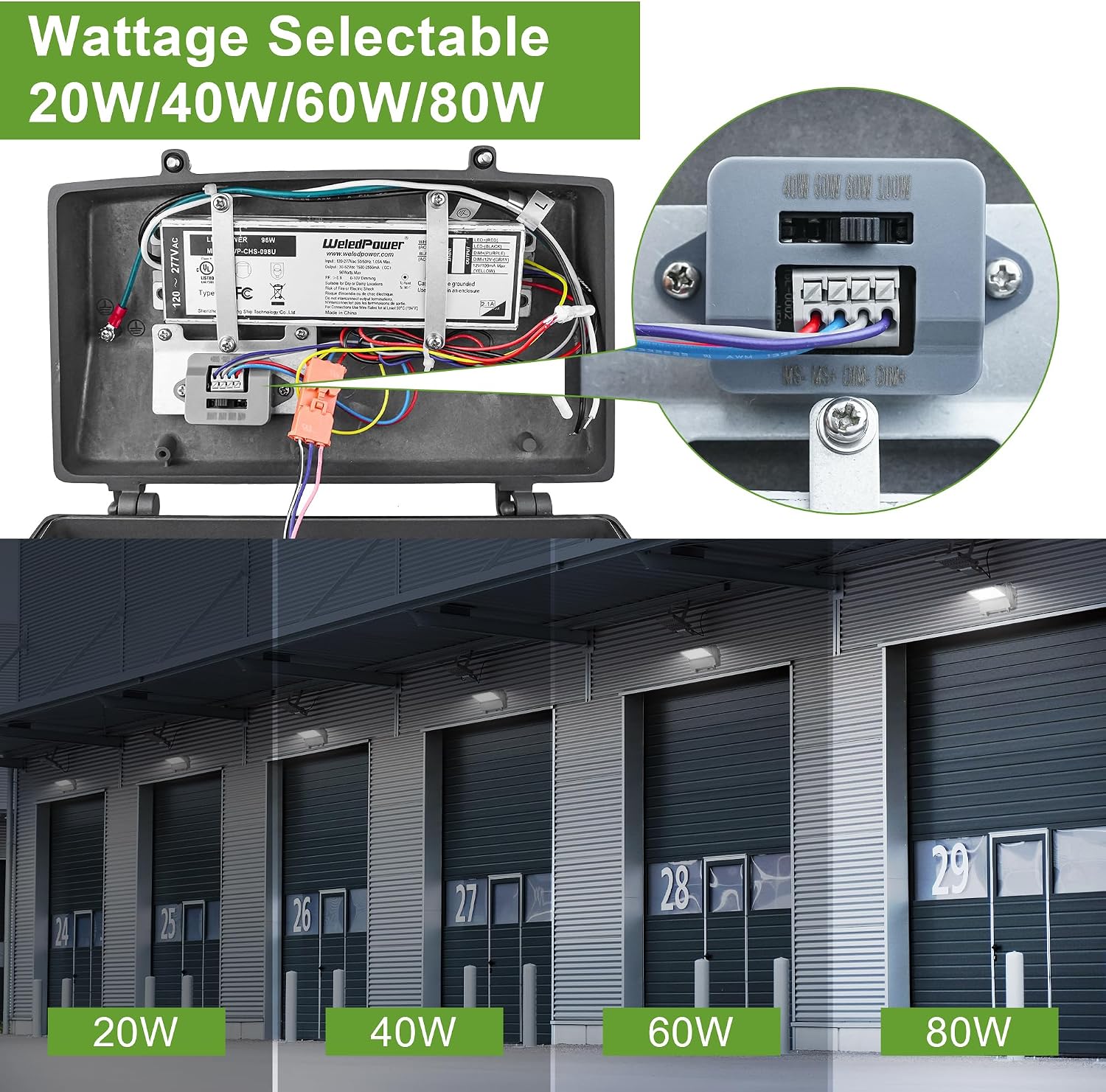 LED Full Cut Off Wall Pack 80/60/40/20W Power Selectable, 5000K Exterior LED Wall Light with Photocell, 50-250W MH/HPS Equiv. IP65 Waterproof 100-277V AC for Warehouse ETL Listed