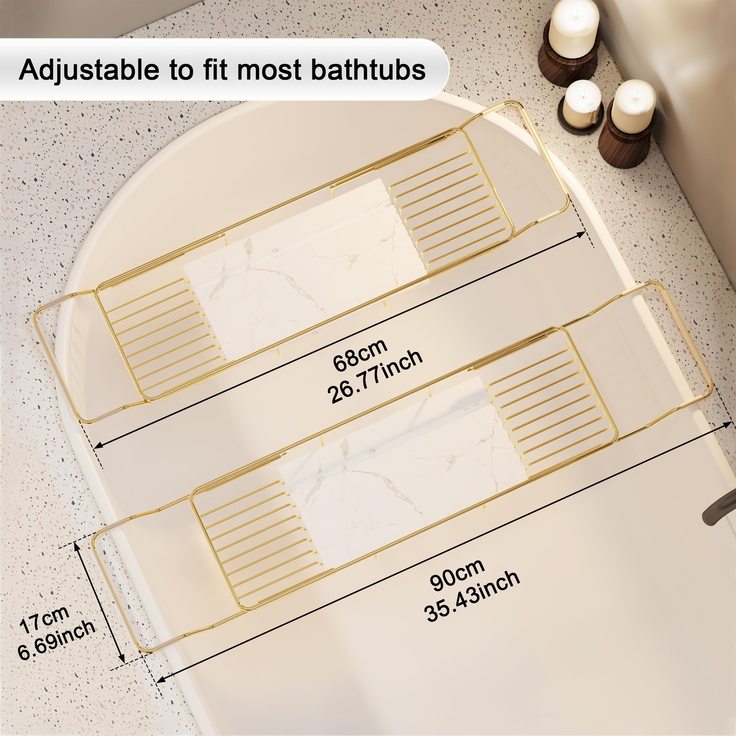 BVL Plateau de Bain Doré en Acier Inoxydable avec Marbre Blanc, Étagère de Bain Réglable pour Ensemble de Baignoire