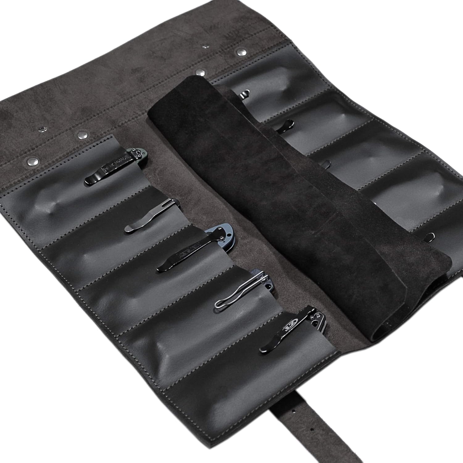 Handmade Leather Pocket Knife Organizer Display Case – 10 Pocket Knife Display Holder, Folding Knives Collection Display Holder VR10BL