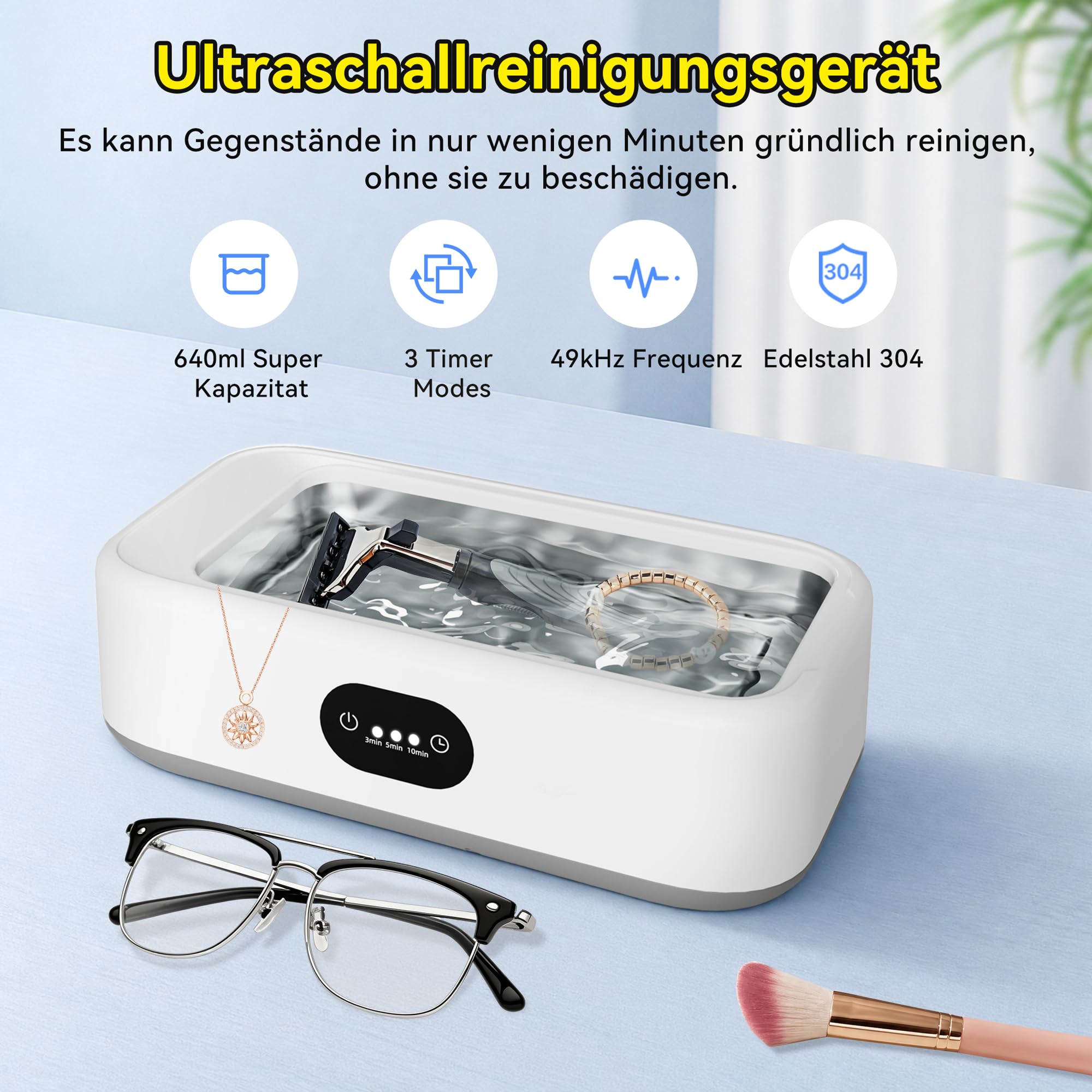 Ultraschallreinigungsgerät, Ultraschallreiniger 640ML für Brillen Schmuck | 49000Hz Ultrasonic Cleaner mit 3 Modi, Einfache Bedienung, Kompakt und Tragbar, Leiser Betrieb Sowie Effektive Reinigung
