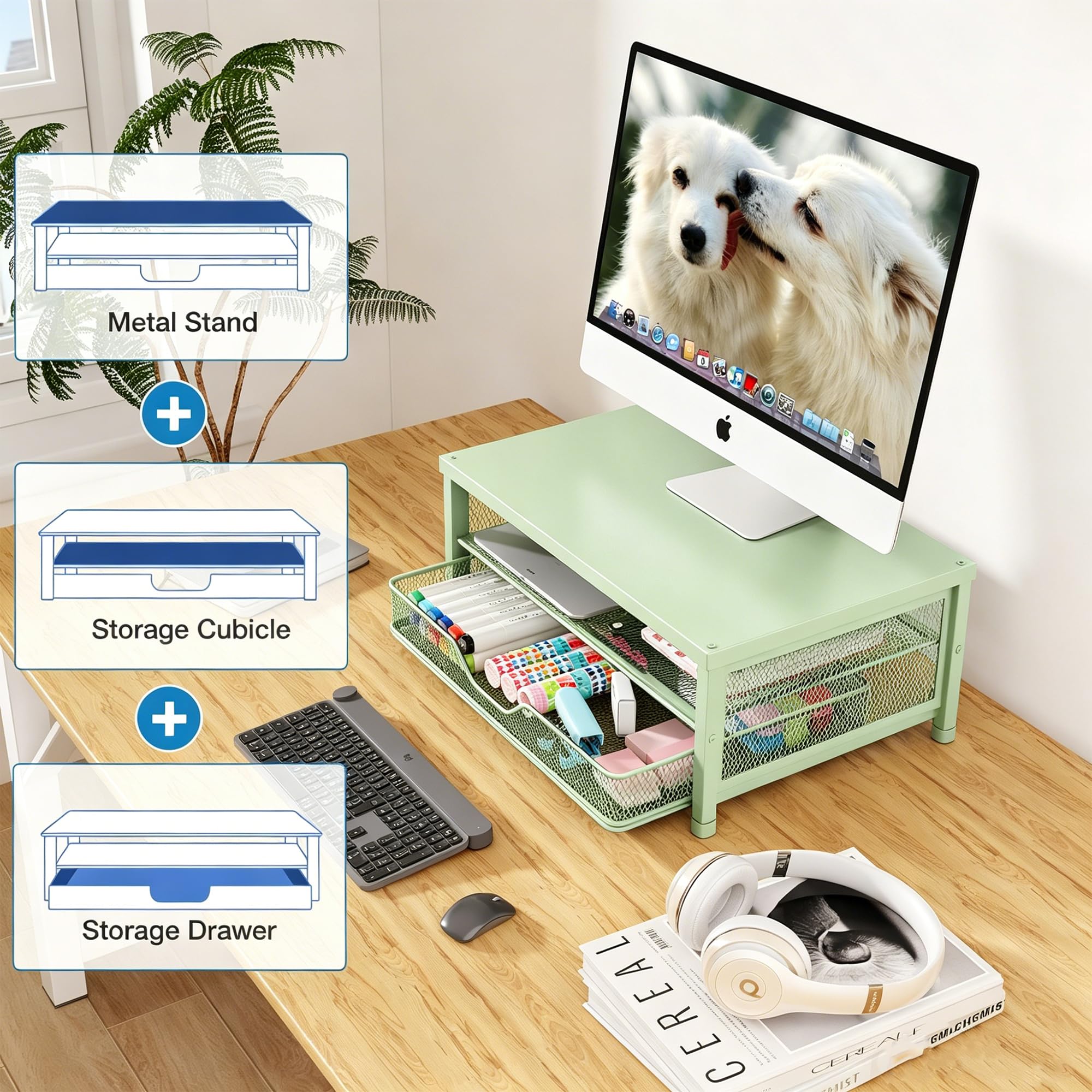 OPNICE Computer-Monitorständer, Schreibtisch-Organizer mit Schublade, Drucker- und Laptop-Ständer, Büro-Schreibtischzubehör und Arbeitsplatz, Schreibtisch-Organizer, Aufbewahrung für Bürobedarf (grün)