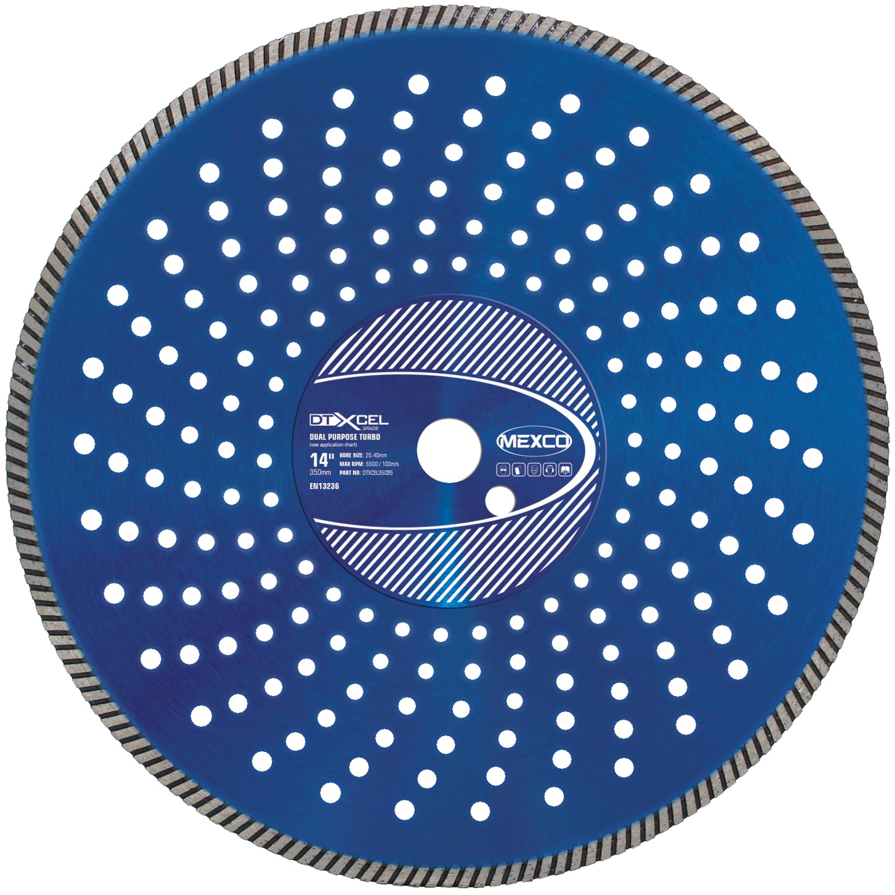 Mexco DTXCEL Dual Purpose Turbo Diamond Blade, High-Performance Fast Cutting Disc for Concrete, Granite, Clay – 350mm, 9mm Segment Height, 25.4mm Bore