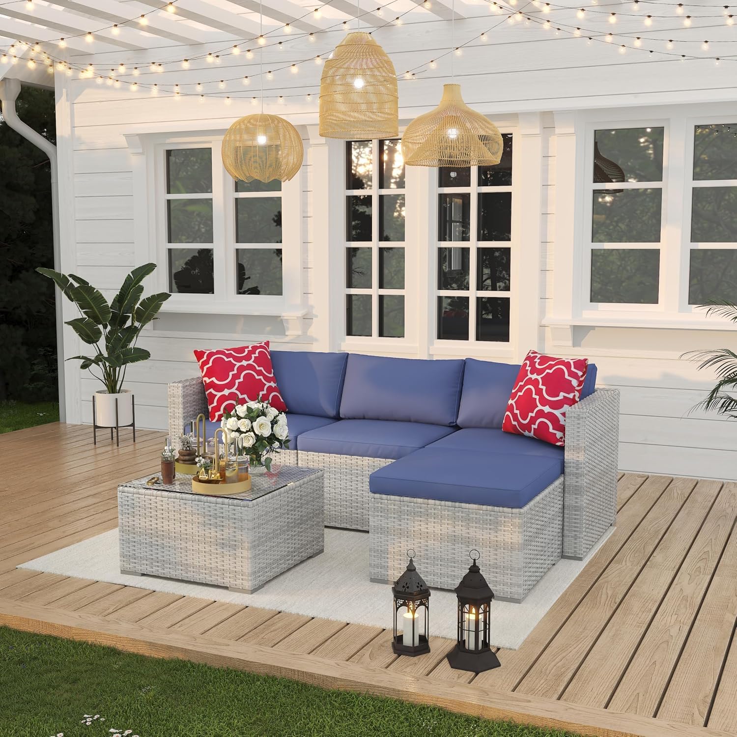 GAOMON 5-Piece Outdoor PE Wicker Patio Sofa Set, All-Weather Modular L-Shaped Sectional with Ottoman, Glass-Top Coffee Table, Thick Cushions &amp; Accent Pillows