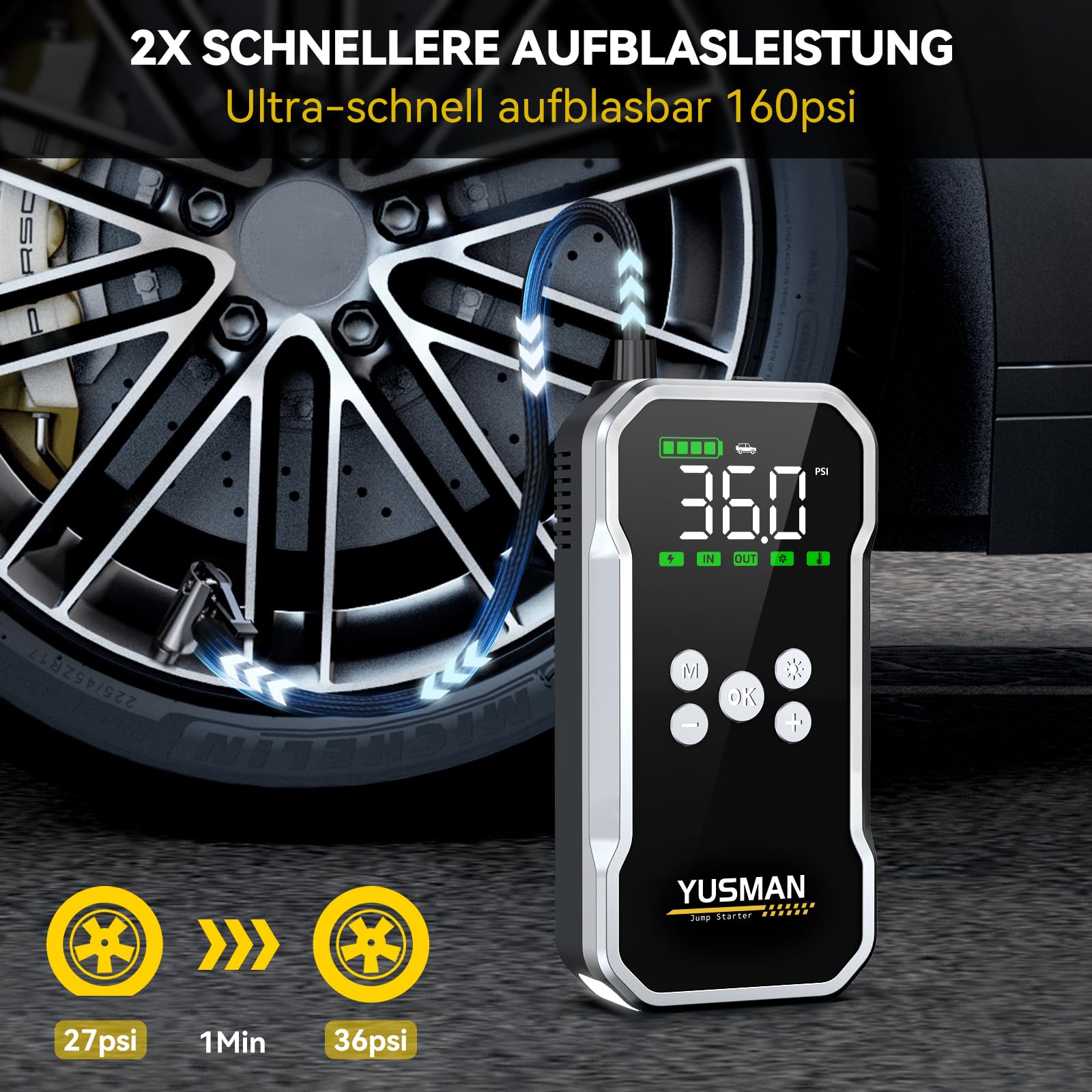 YUSMAN Starthilfe Powerbank mit Kompressor | 8000A Auto Starthilfe für alle Benzinmotoren & 8L Diesel | 160PSI Luftpumpe mit LCD & Multifunktions-Taschenlampe