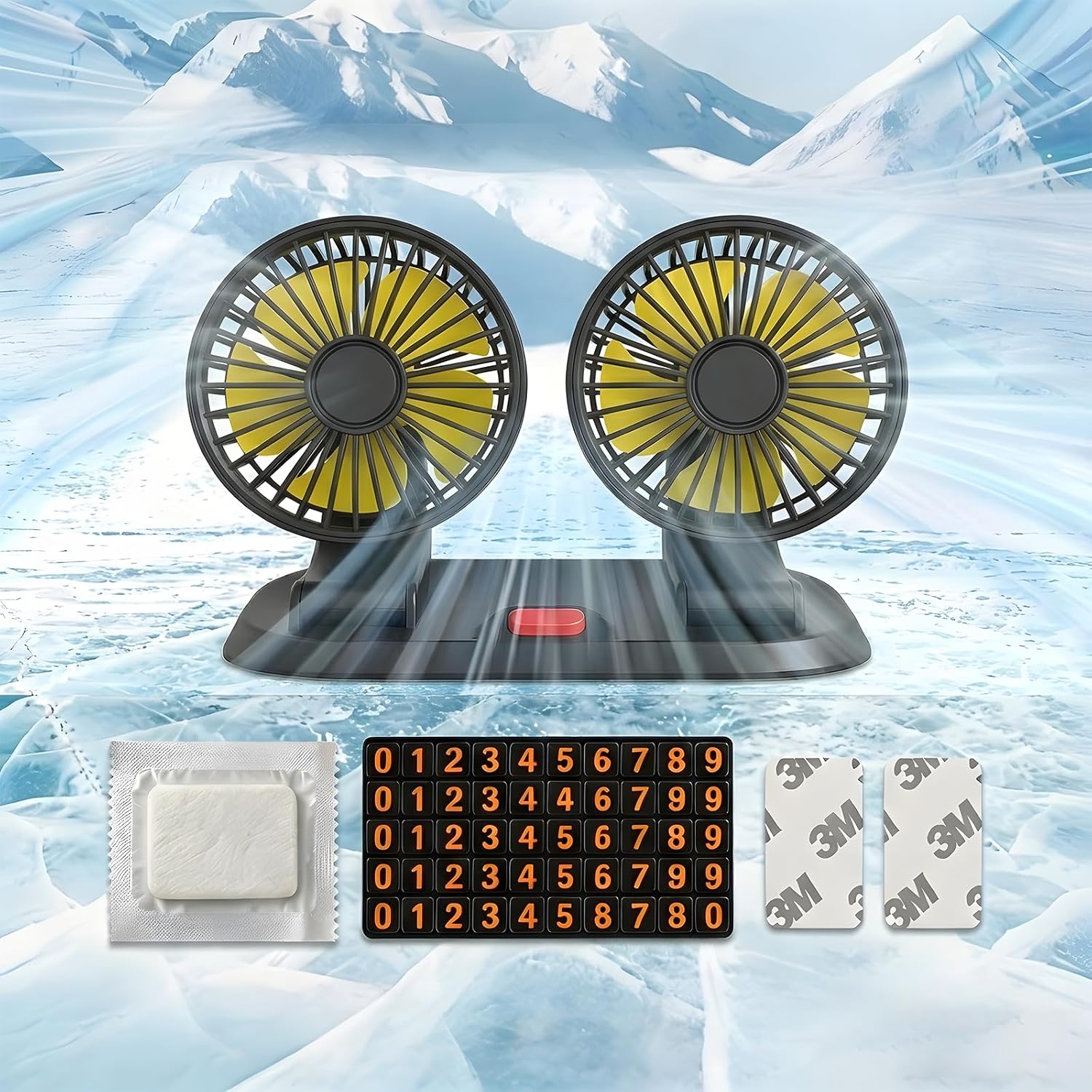 12V Dual Head Car Fan for Dashboard, 2-Speed Portable Vehicle Cooling Fan, 360° Rotatable Cigarette Lighter Powered Air Circulator for SUV RV Truck Sedan