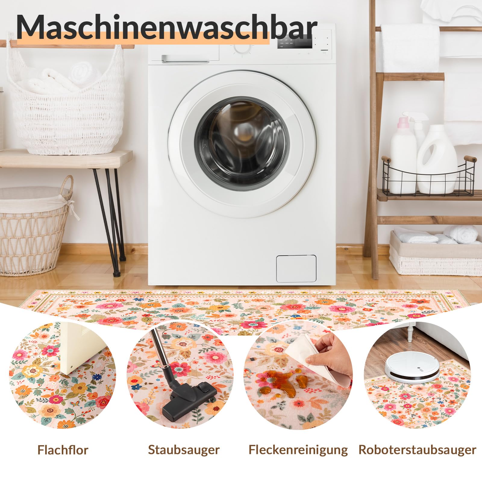 INOVADAY Waschbarer Teppich 90x150 cm Boho Stil Kurzflor rutschfest Blumen Print Design Teppich für Wohnzimmer Schlafzimmer Esszimmer Büro Kinderzimmer Rosa/Beige - 3