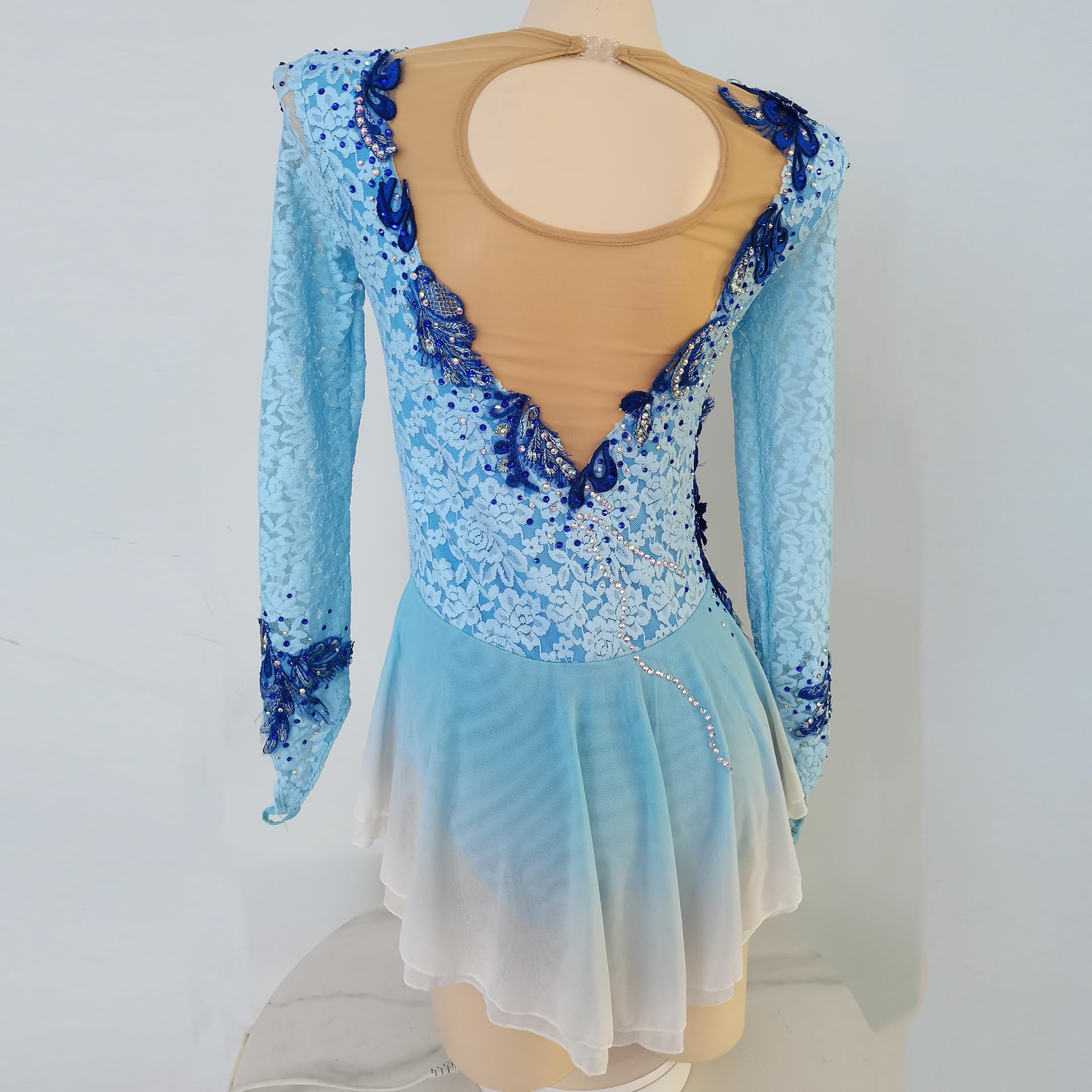 LIUHUO Vestido de patinaje artístico Falda degradado de encaje azul para niñas Rendimiento de competición
