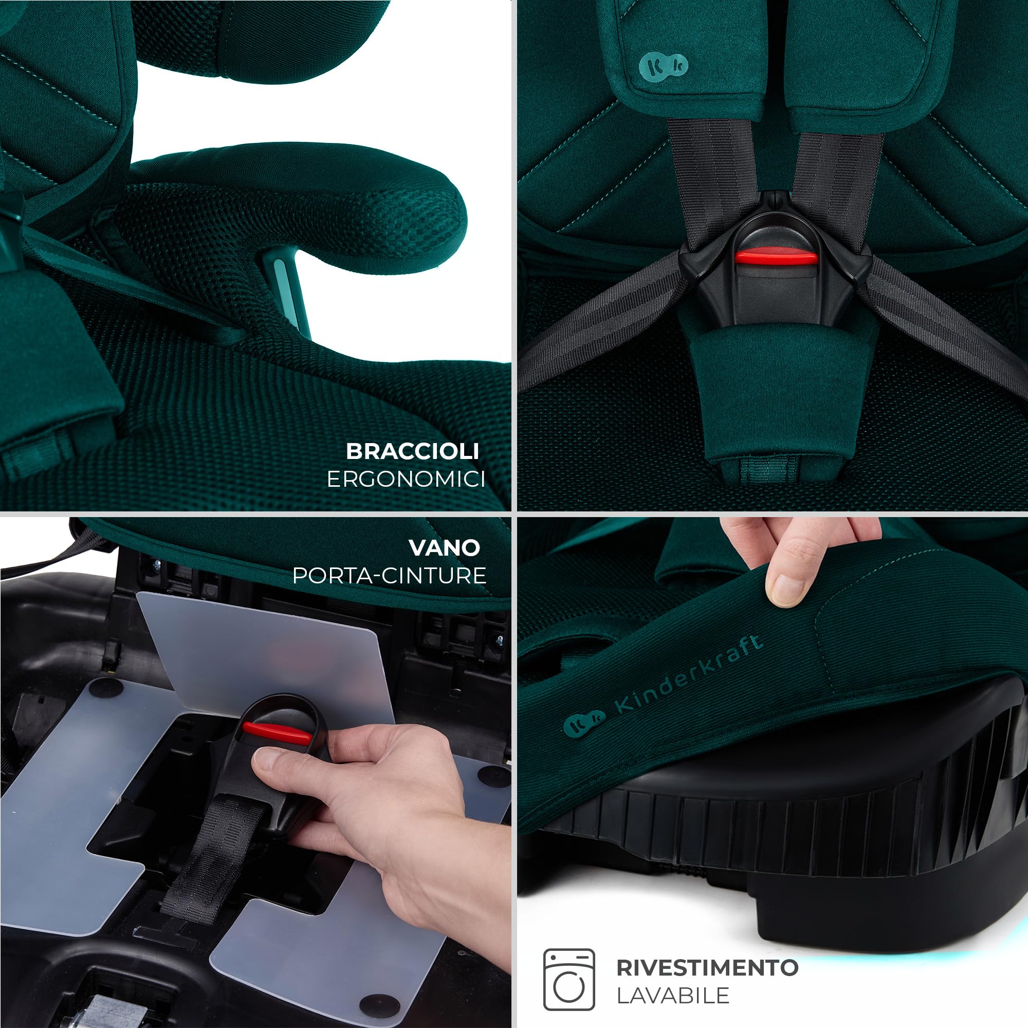 Kinderkraft FIX2GO Seggiolino per bambini i-Size, 76-150 cm, Isofix, Top Tether, saferide sensor, fino a ca. 12 anni, sistemi di sicurezza, rivestimenti di alta qualità, reclinabile, Verde