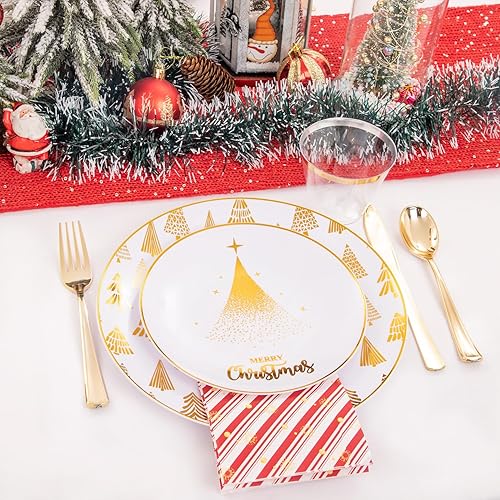 Miniatura 4 de Morejoy 175 platos de plástico navideños  Platos de plástico dorados desechables  25 platos llanos  25 platos de postre  25 tazas  25 tenedores  25