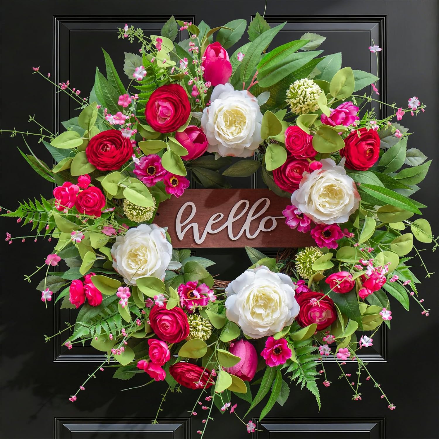 Spring Wreaths for Front Door Outside– 24 Inch Spring Summer Wreath with Vibrant Pink Peony,Tulip & White Rose Flowers and Hello Wooden Sign,Ideal for Farnhouse Porch,Wall,Window Décor