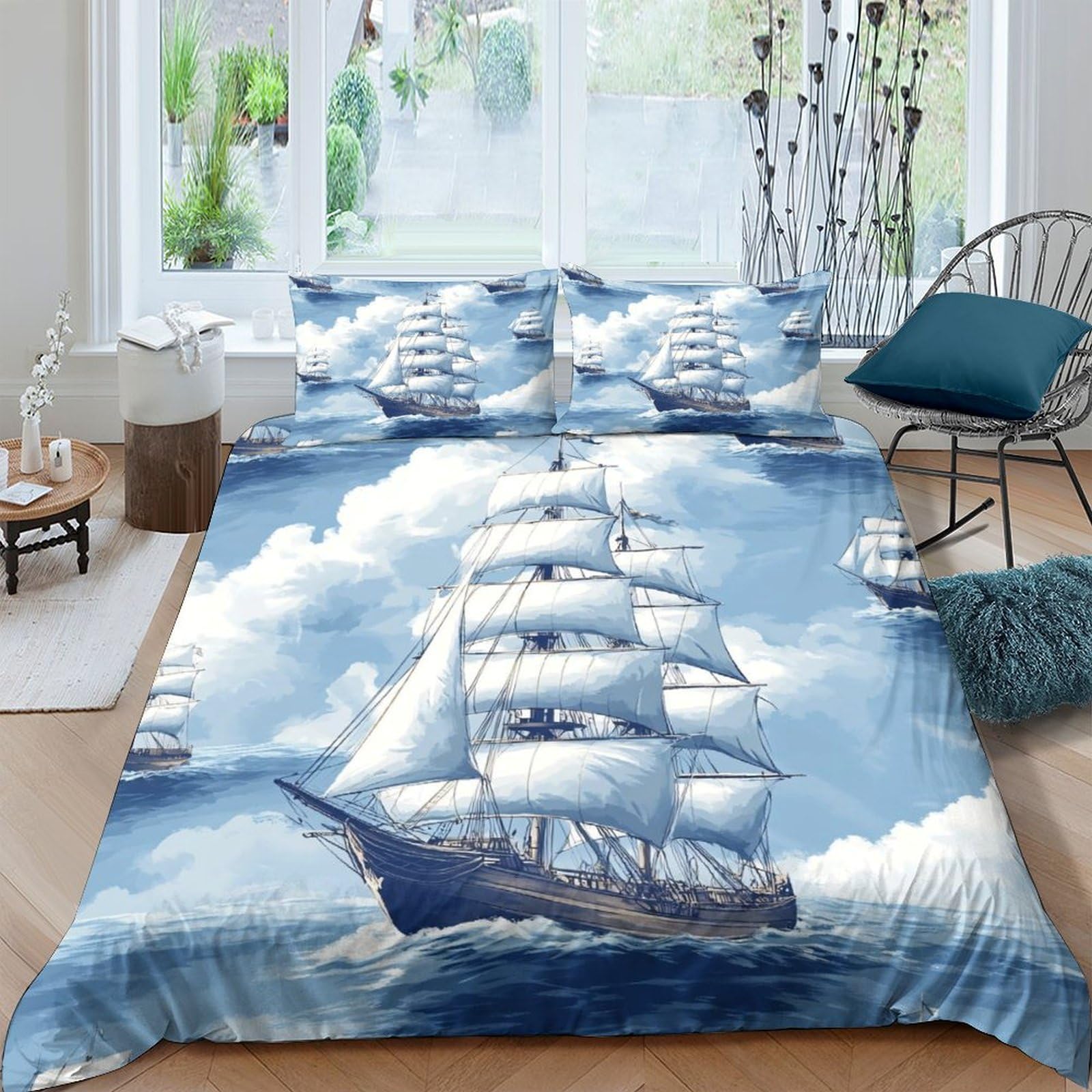 Ctjqhvkz Style-4 3D Printed Sailing Ship Fitted Sheet Microfiber Soft Blue Ocean Mattress Cover For Bedroom Guest Room Decor Single（135X200cm）