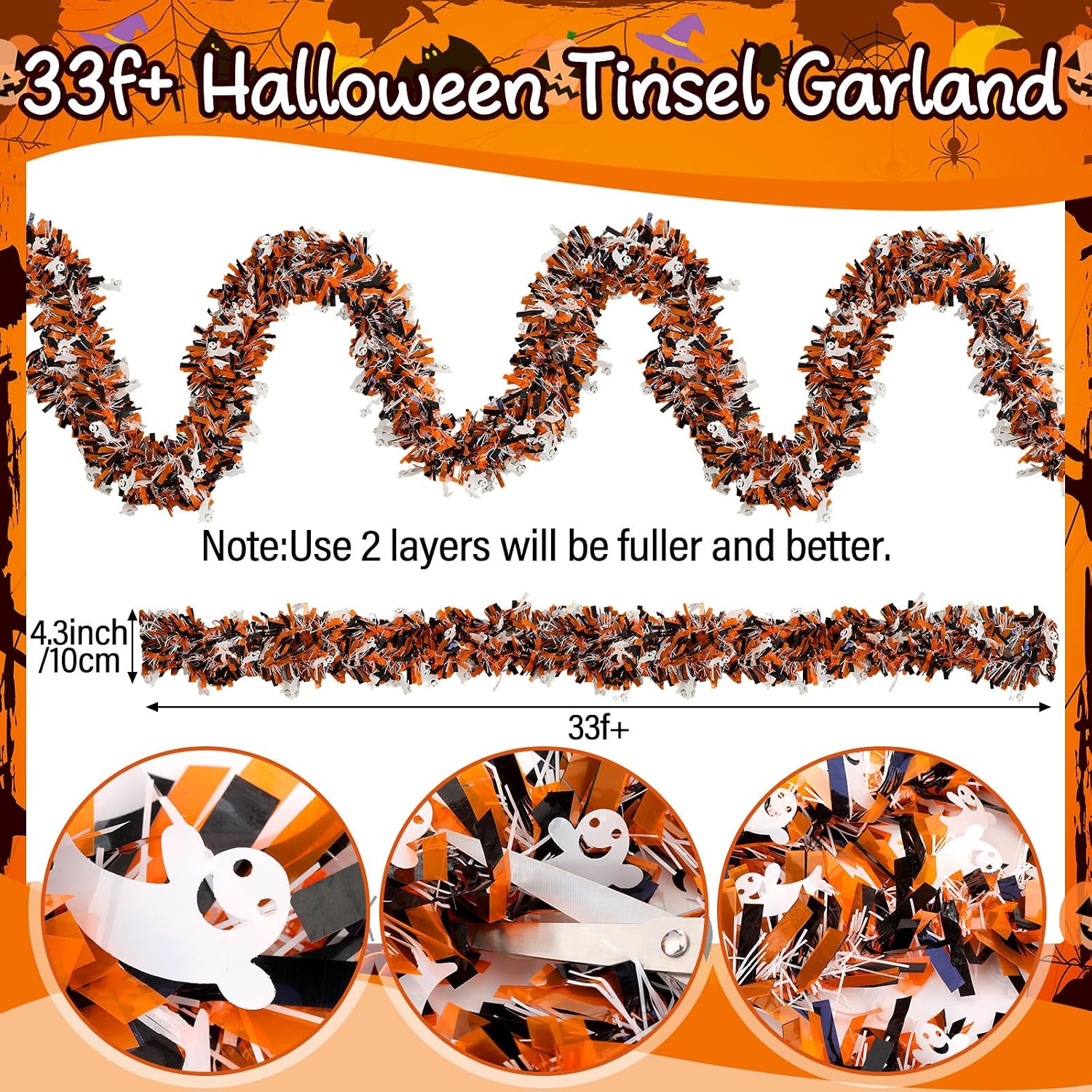 Chuangdi 33 ft Halloween Garland Halloween Ghost Tinsel for Mantle