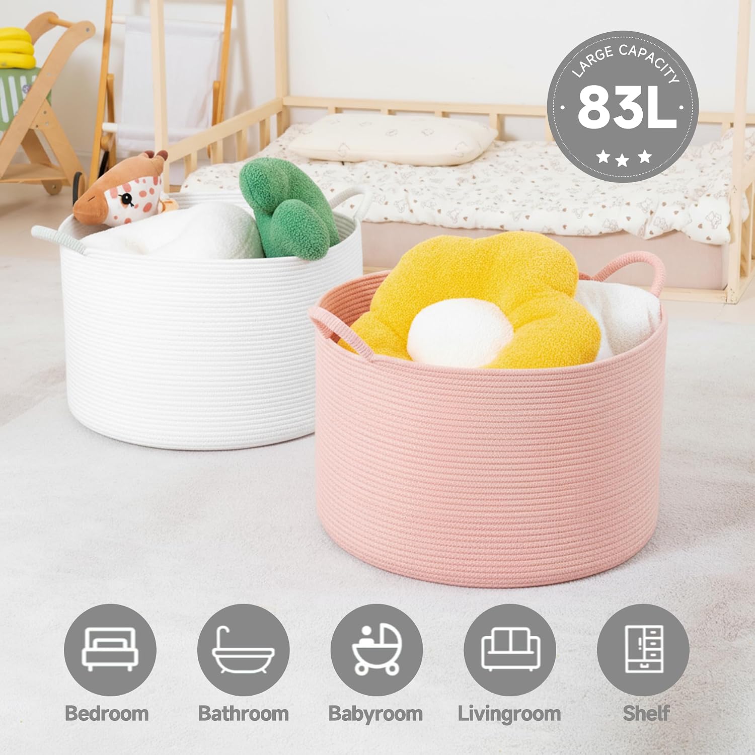 CLHMILY&Z Round Cotton Rope Storage Basket in Living Room, Bedroom, Laundry Room for Toy, Clothes, Blanket, Pillow (White, XLarge(14.2"x22"))