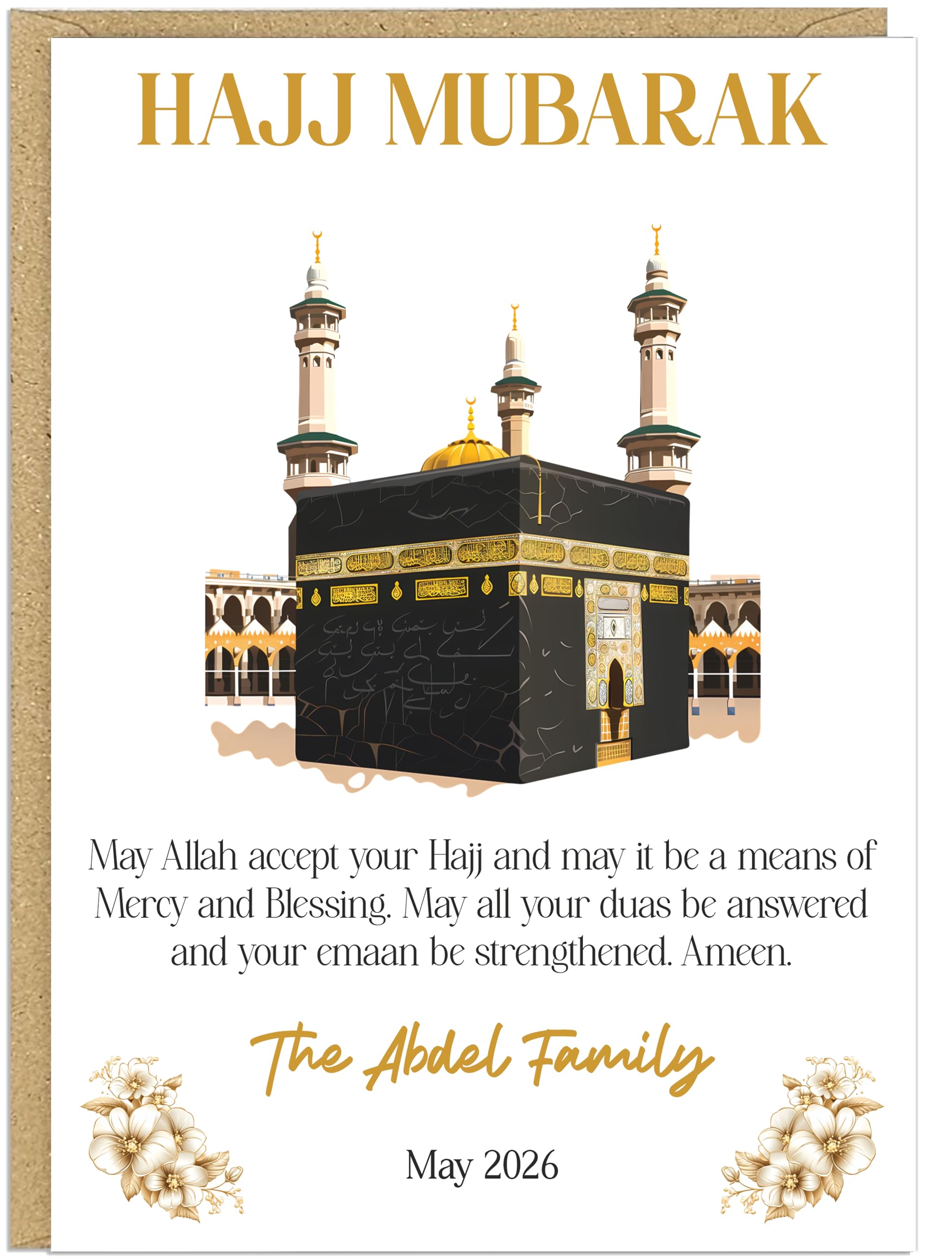 Hajj Mubarak Card Personalised Family Name & Date - Kaaba Mosque Designs - May Allah Accept Your Hajj Mercy Blessing Dua Emaan - Islamic Hajj Celebration Keepsake Cards (Design 2)