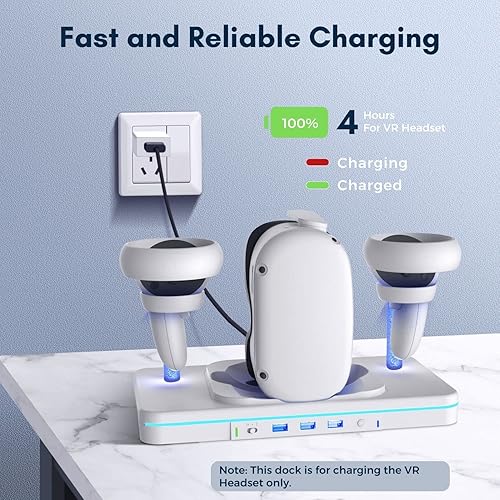 Miniatura 3 de TNP Base de carga para Oculus Quest 2 Estación de carga de auriculares y controlador de realidad virtual con luz RGB y 3 puertos USB 2.0 Cable