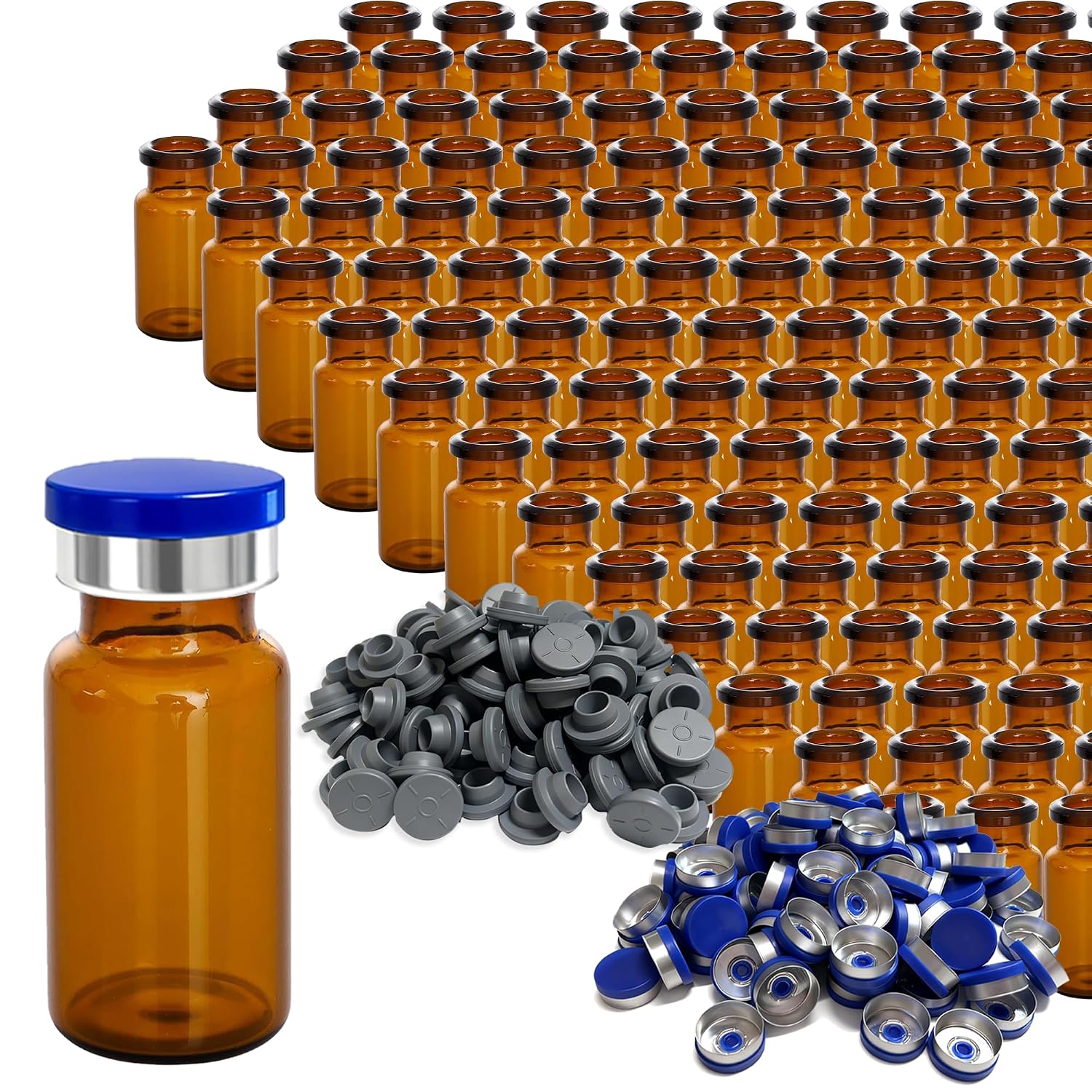 3ml Glass Vials, 100 Pcs Amber Glass Headspace Vials with Plastic-Aluminum Flip Caps and Rubber Stopper - 13mm Transparent Flat Bottom Lab Vial