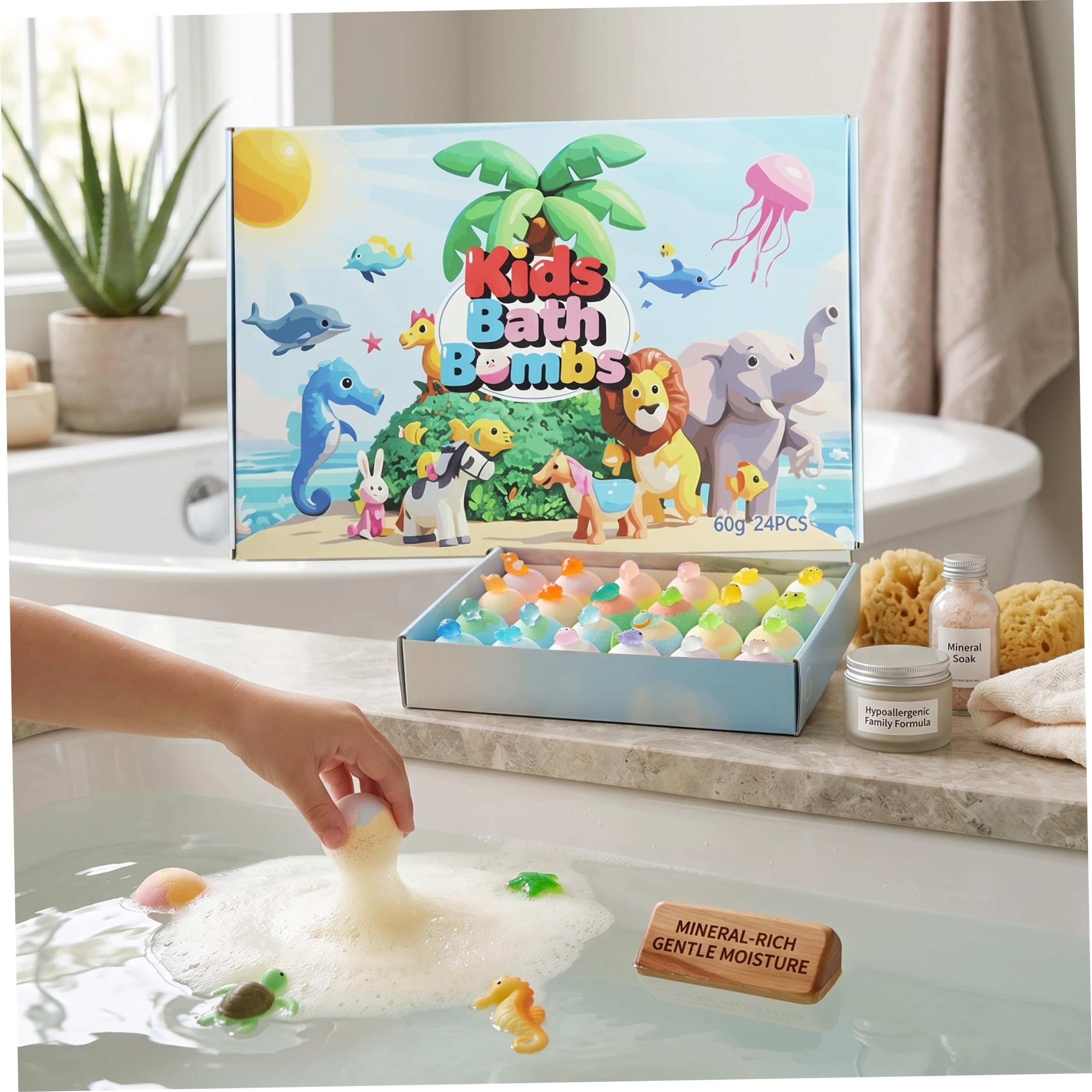 Lot de 24 bombes de bain surprise en forme d'animaux qui brillent dans le pour enfants – Bombes bain pour enfants avec jouets à l'intérieur pour s'amuser à l'heure du, 60 g