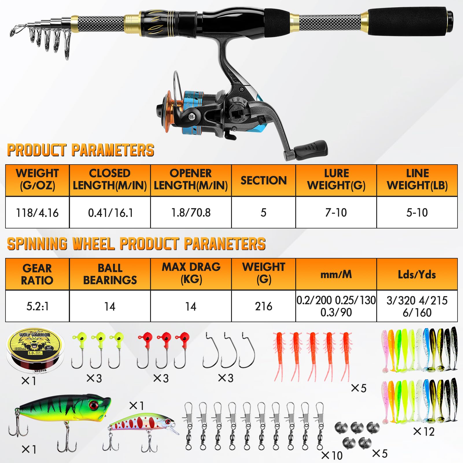Ertisa Caña de pescar Spinning, 2,1 m de fibra de carbono, cañas de pescar telescópicas, set combinado caña de spinning y carrete de pesca cebo de pesca, kit de bolsa de transporte para mar y agua