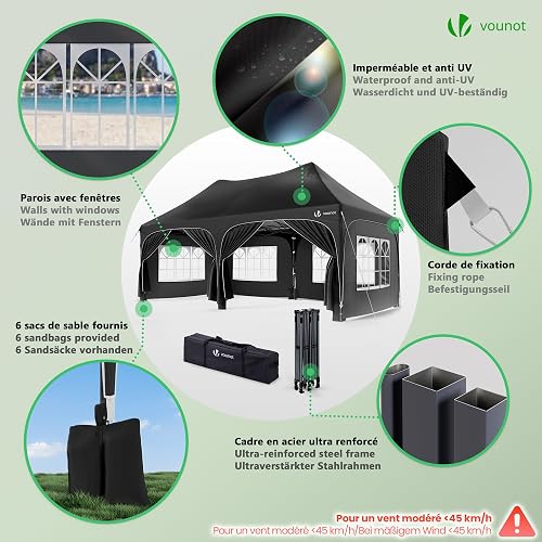 VOUNOT® Tonnelle de Jardin Extérieur 3x6m Barnum Pliant avec 6 Parois Amovibles et 6 Sacs de Sable Tente de Reception Imperméable et Anti-UV pour Camping Festival Mariage Sac de Transport Inclus Noir - 6