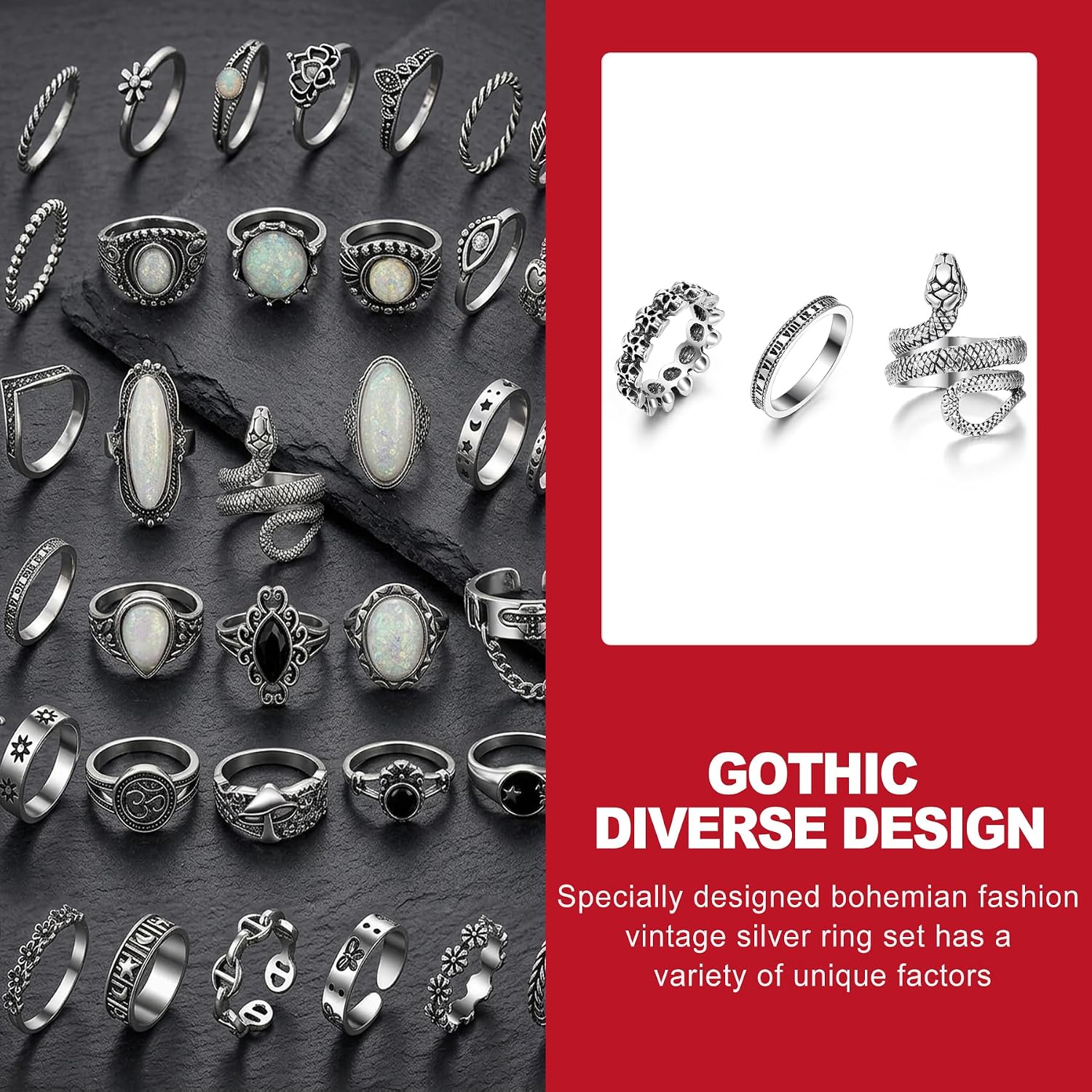 42 Pack Gothic Rings Set, Adjustable Silver Stackable Punk Knuckle Rings for Women Men, Cool Alt Emo Grunge Y2K Aesthetic Jewelry Gift